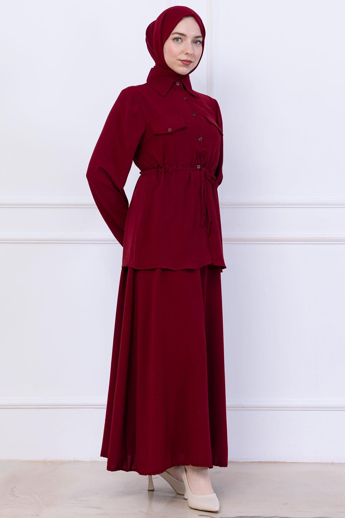 Beli Bağlamalı Etekli Ayrobin Takım Bordo HM2734