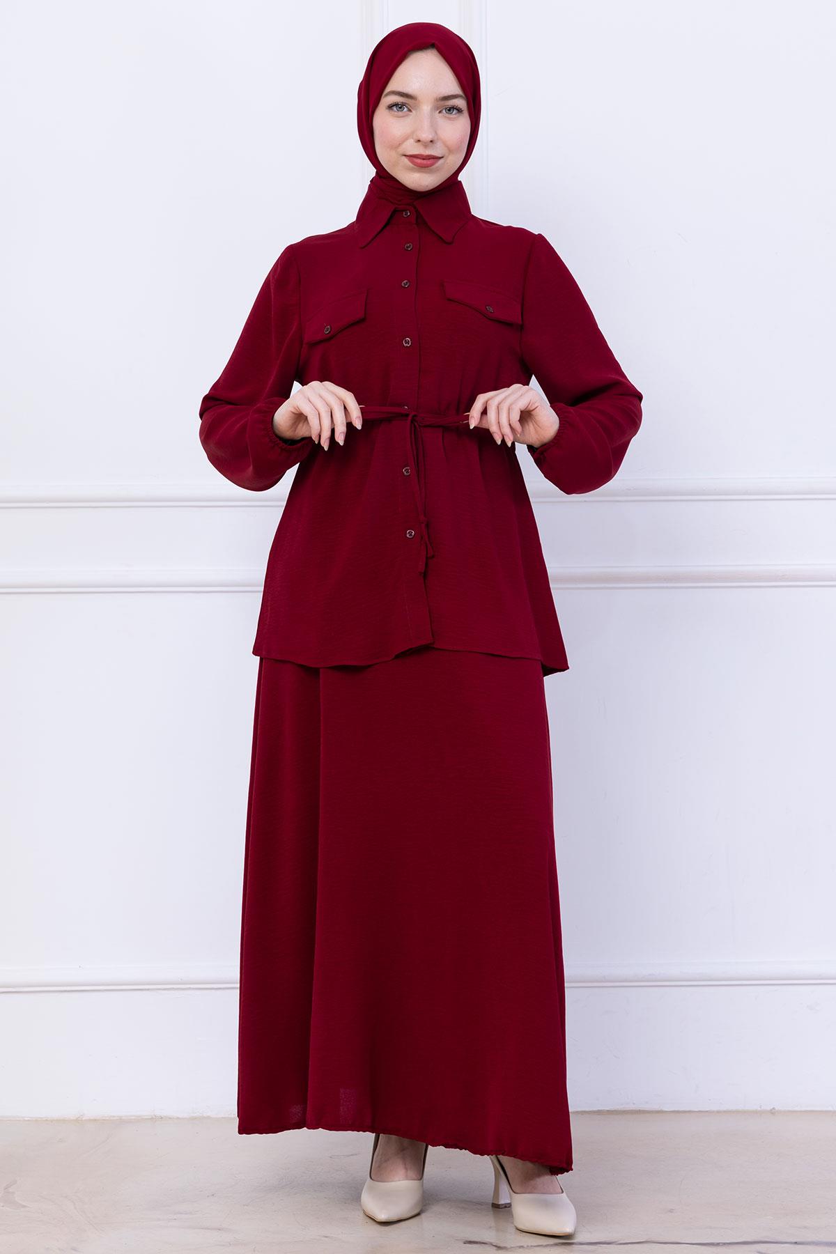 Beli Bağlamalı Etekli Ayrobin Takım Bordo HM2734