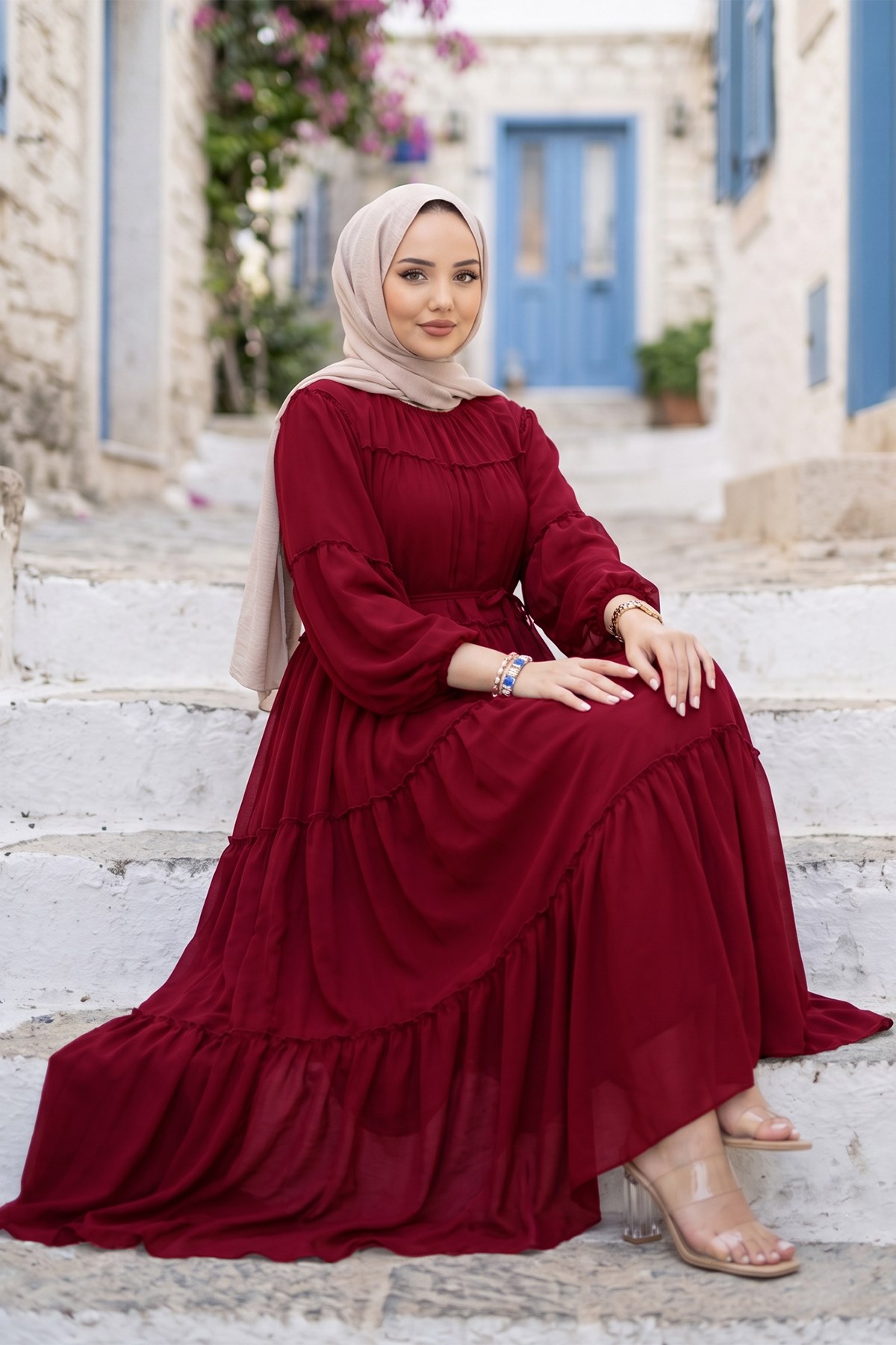 Beli Bağlamalı Fırfır Detaylı Astarlı Şifon Elbise Kırmızı HM2942