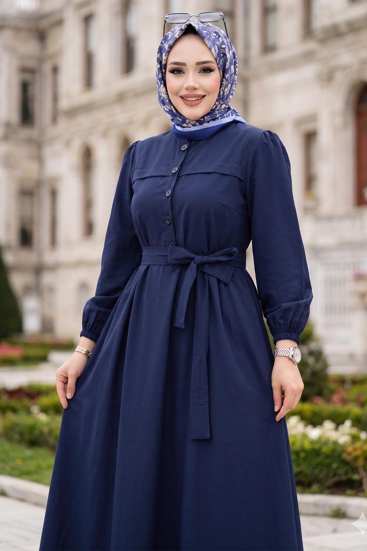 Beli Kuşaklı Terikoton Elbise Lacivert HM2908