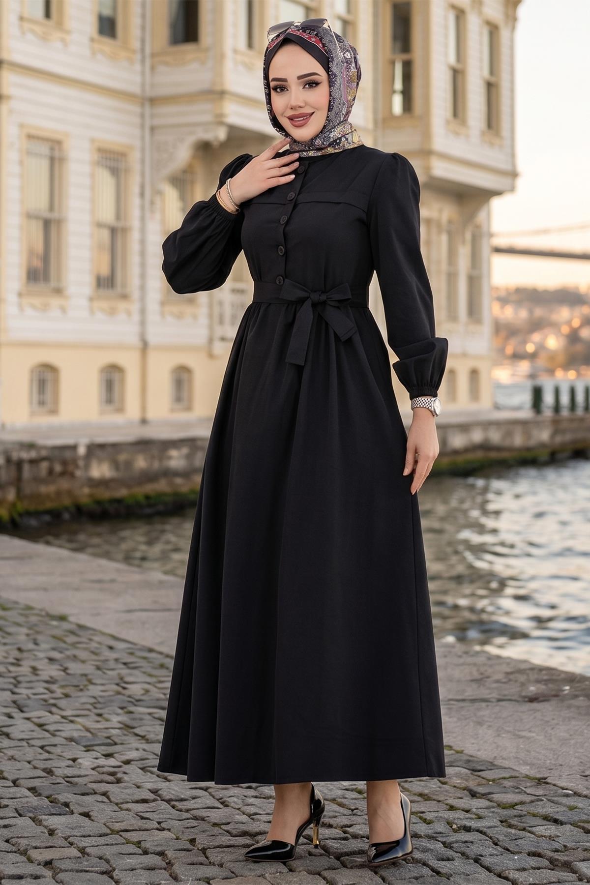 Beli Kuşaklı Terikoton Elbise Siyah HM2908