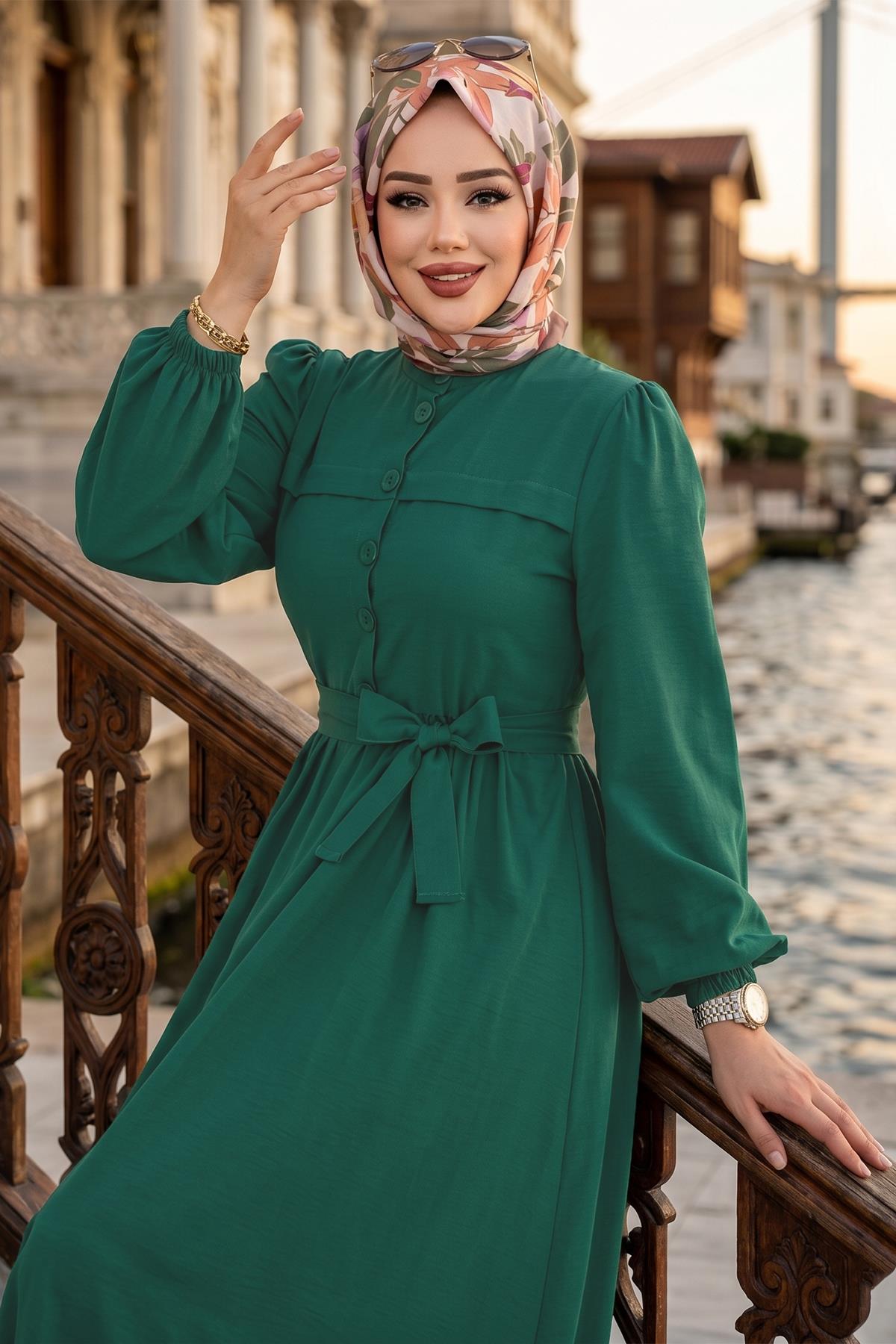 Beli Kuşaklı Terikoton Elbise Yeşil HM2908
