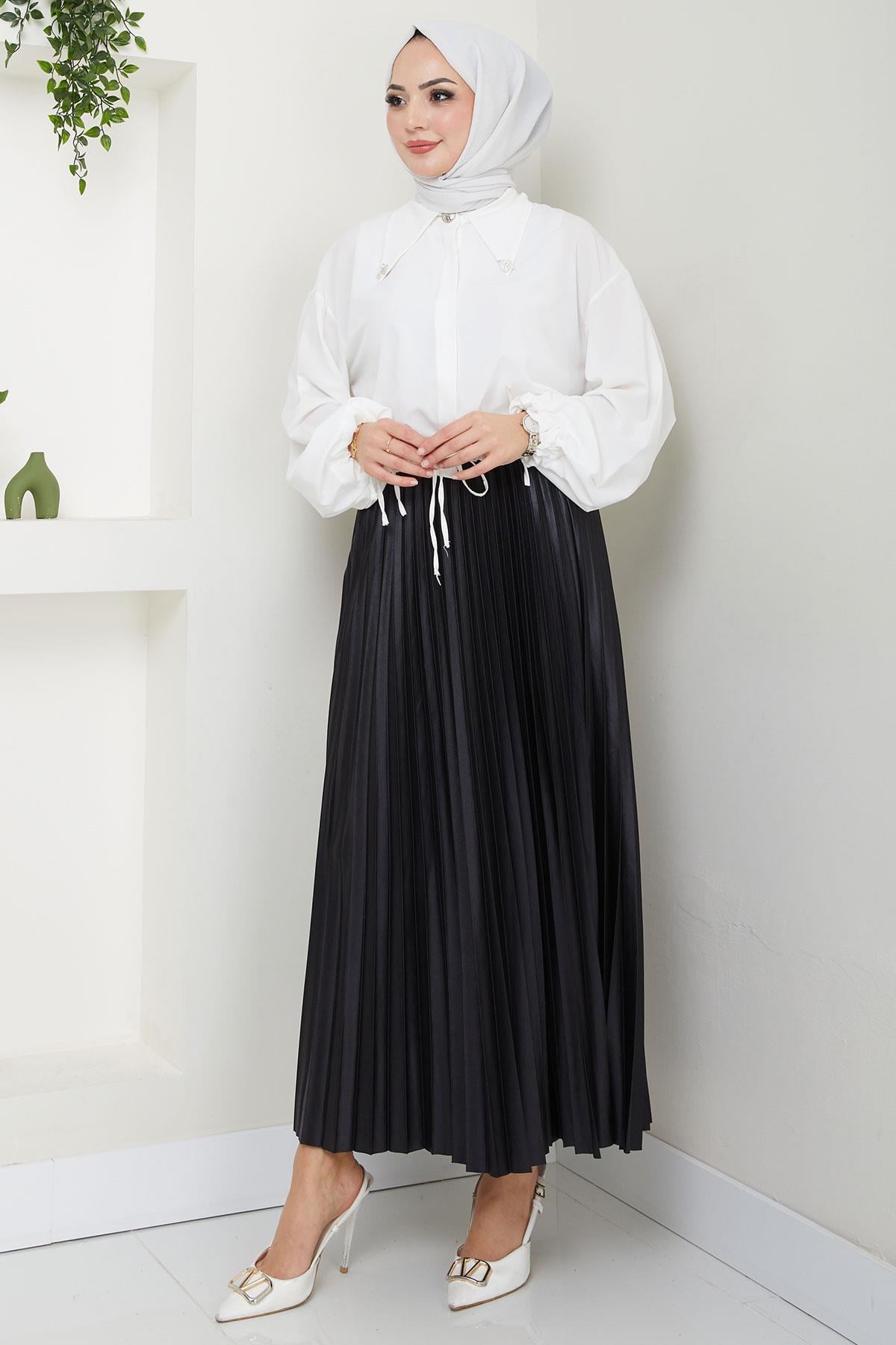 Beli Lastikli Deri Görünümlü Sık Piliseli Etek Siyah HM2655