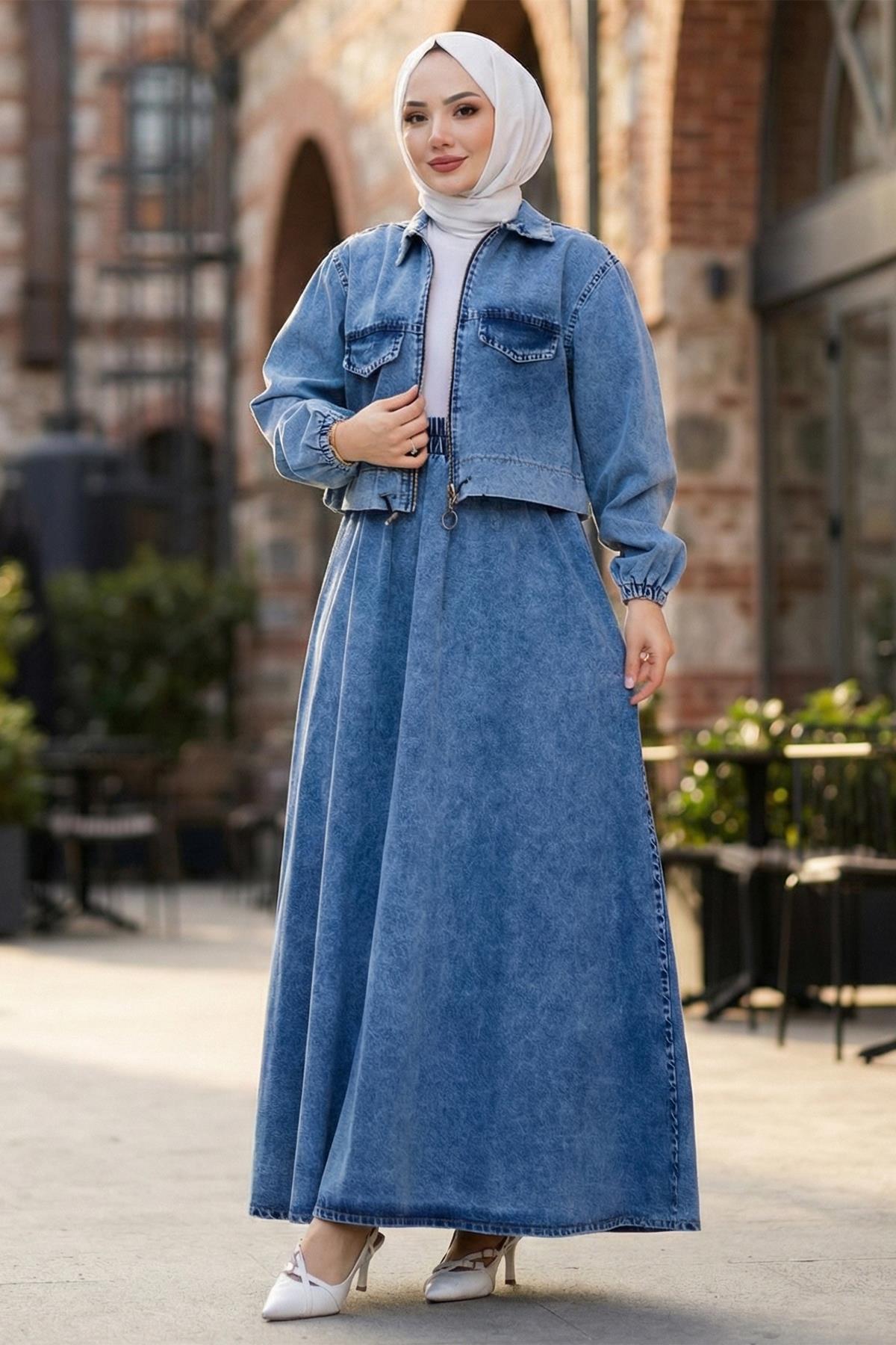 Beli Lastikli Fermuarlı Kot Takım HM2875 Açık Mavi