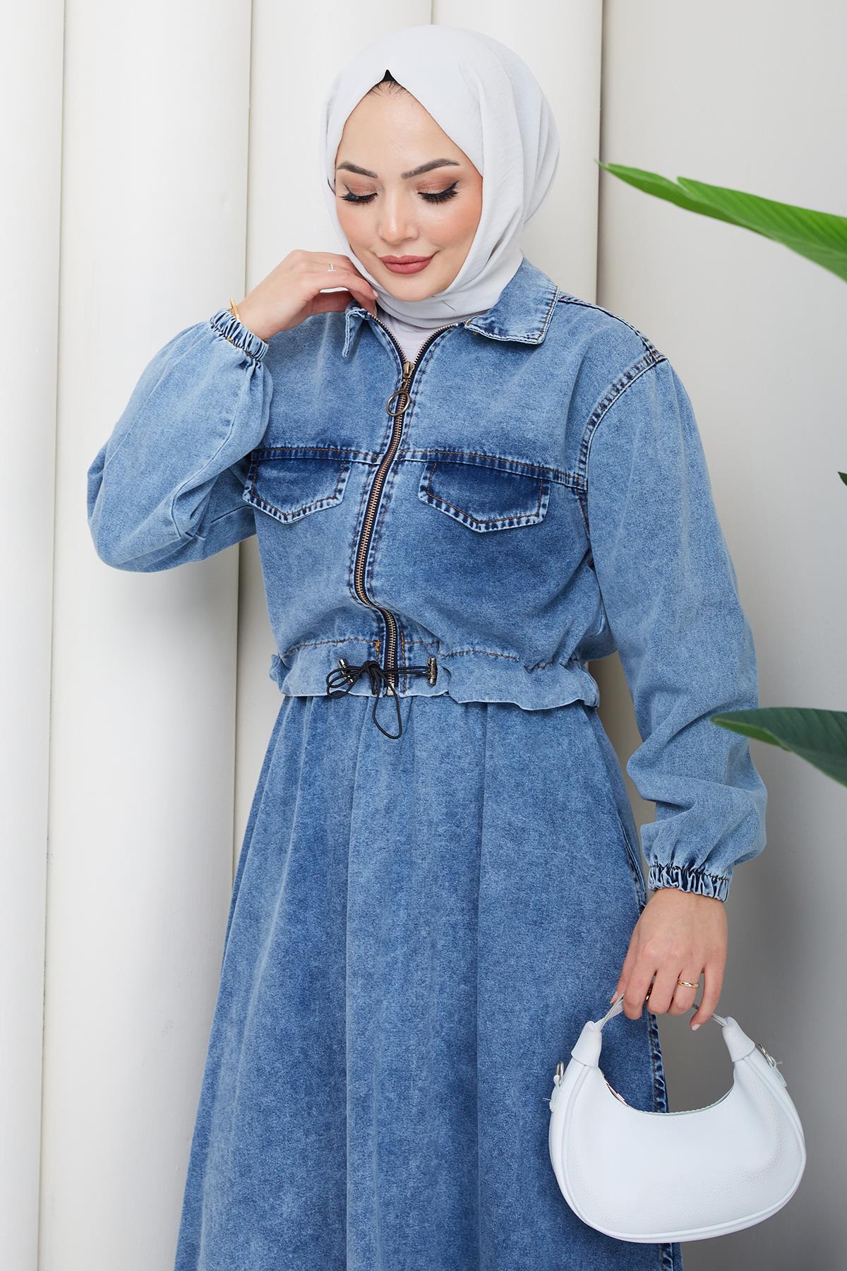 Beli Lastikli Fermuarlı Kot Takım HM2875 Açık Mavi