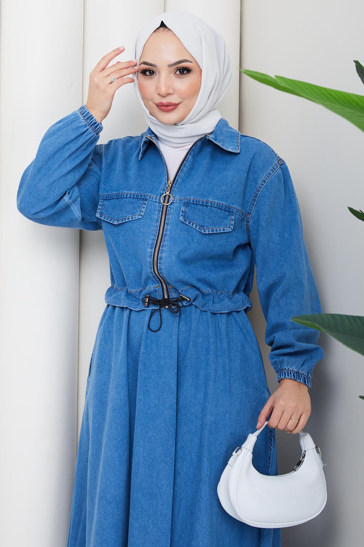 Beli Lastikli Fermuarlı Kot Takım HM2875 Mavi