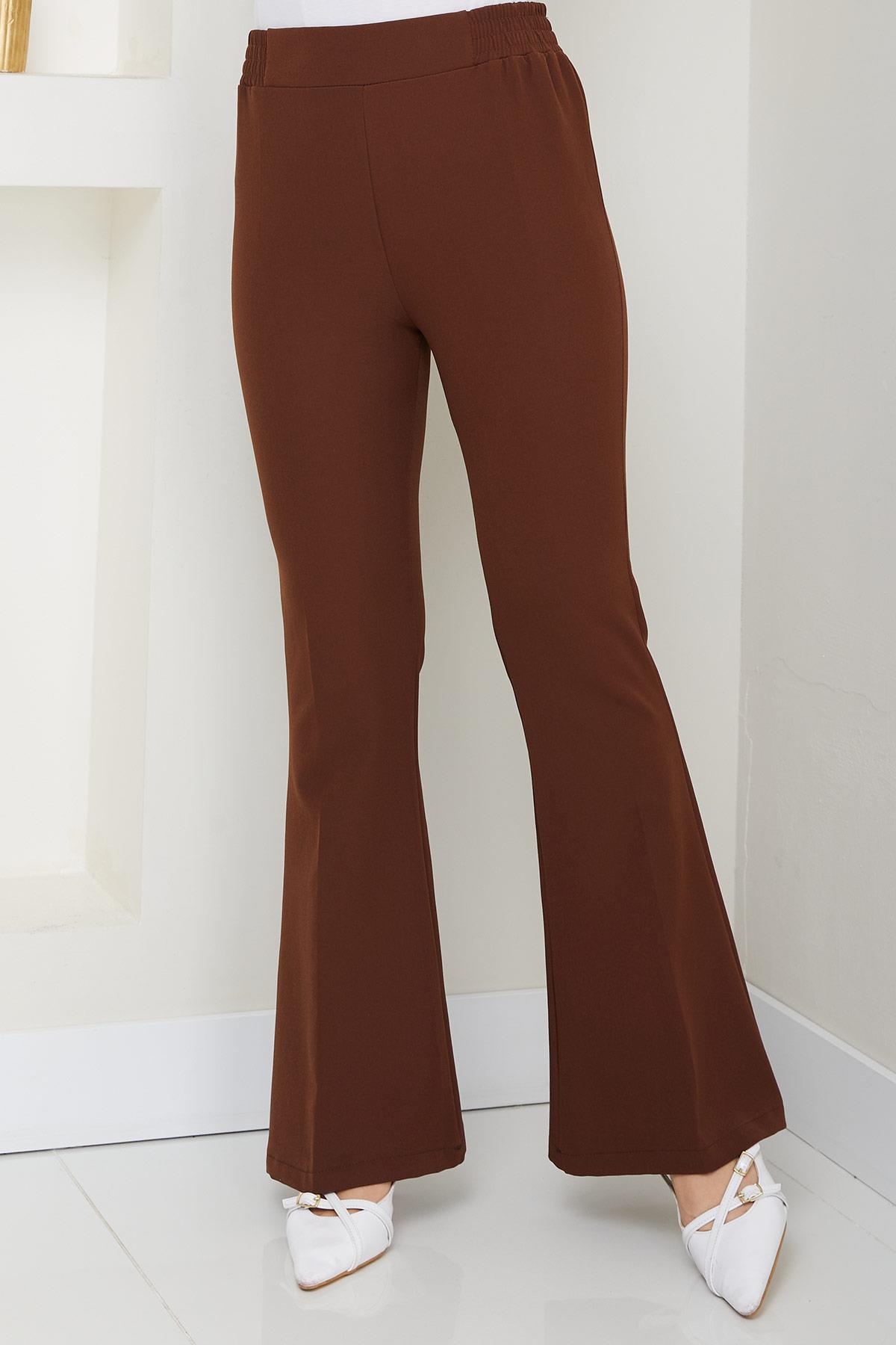 Beli Lastikli İspanyol Paça Kumaş Pantolon Kahverengi HM2781