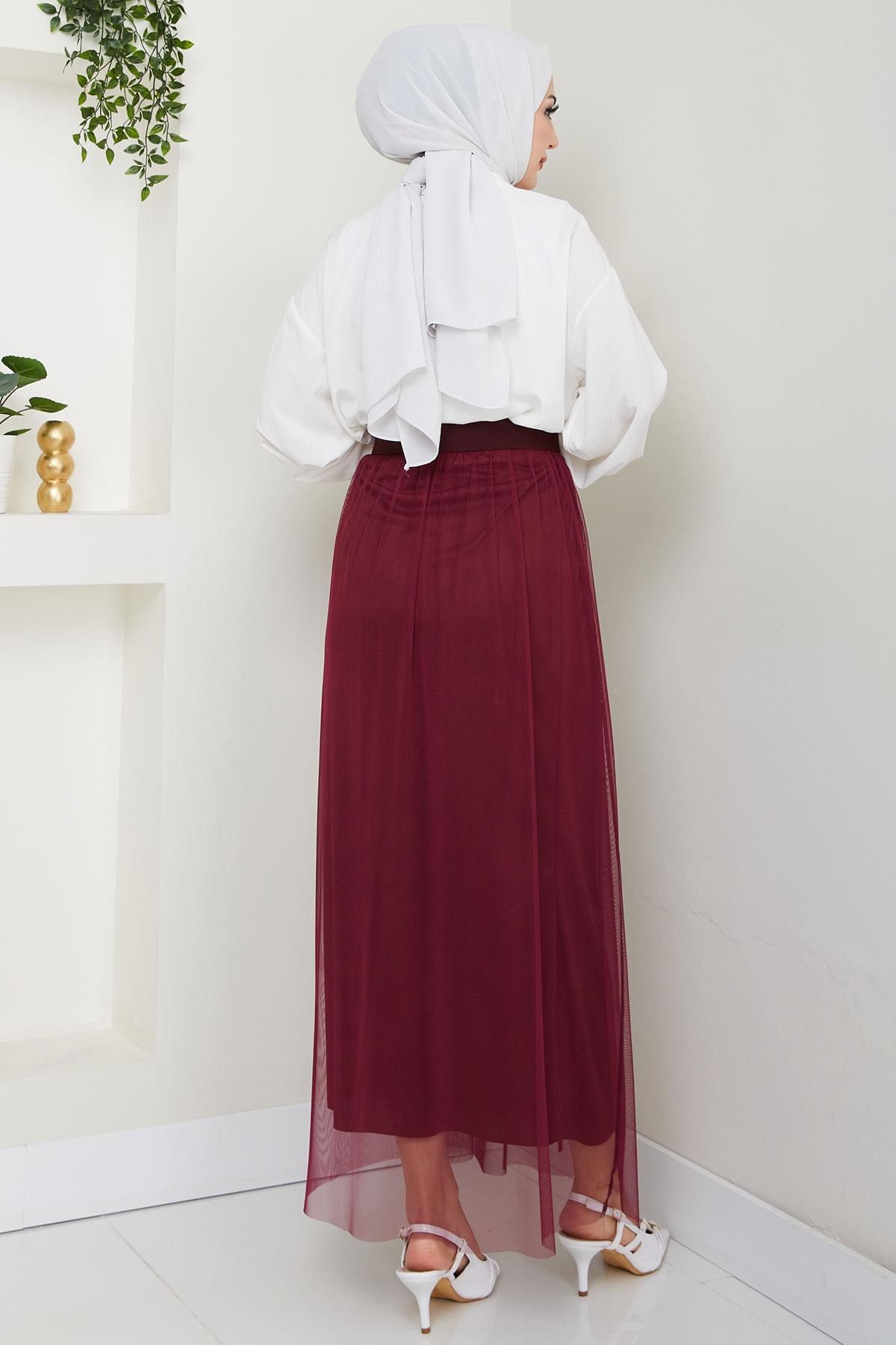 Beli Lastikli Tül Etek Bordo HM2704