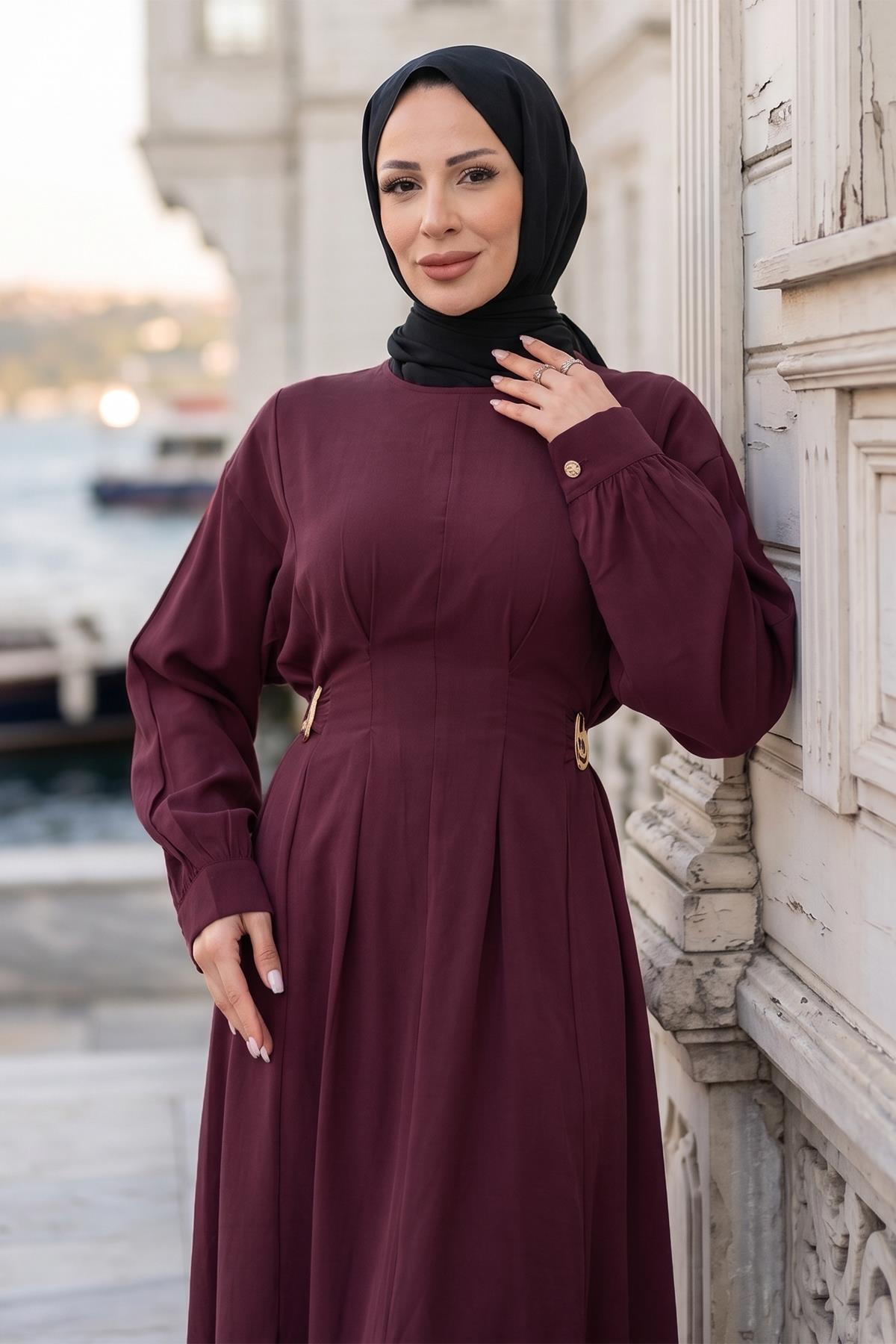 Beli Lastikli Yandan Tokalı Pensli Modal Elbise Bordo HM2909