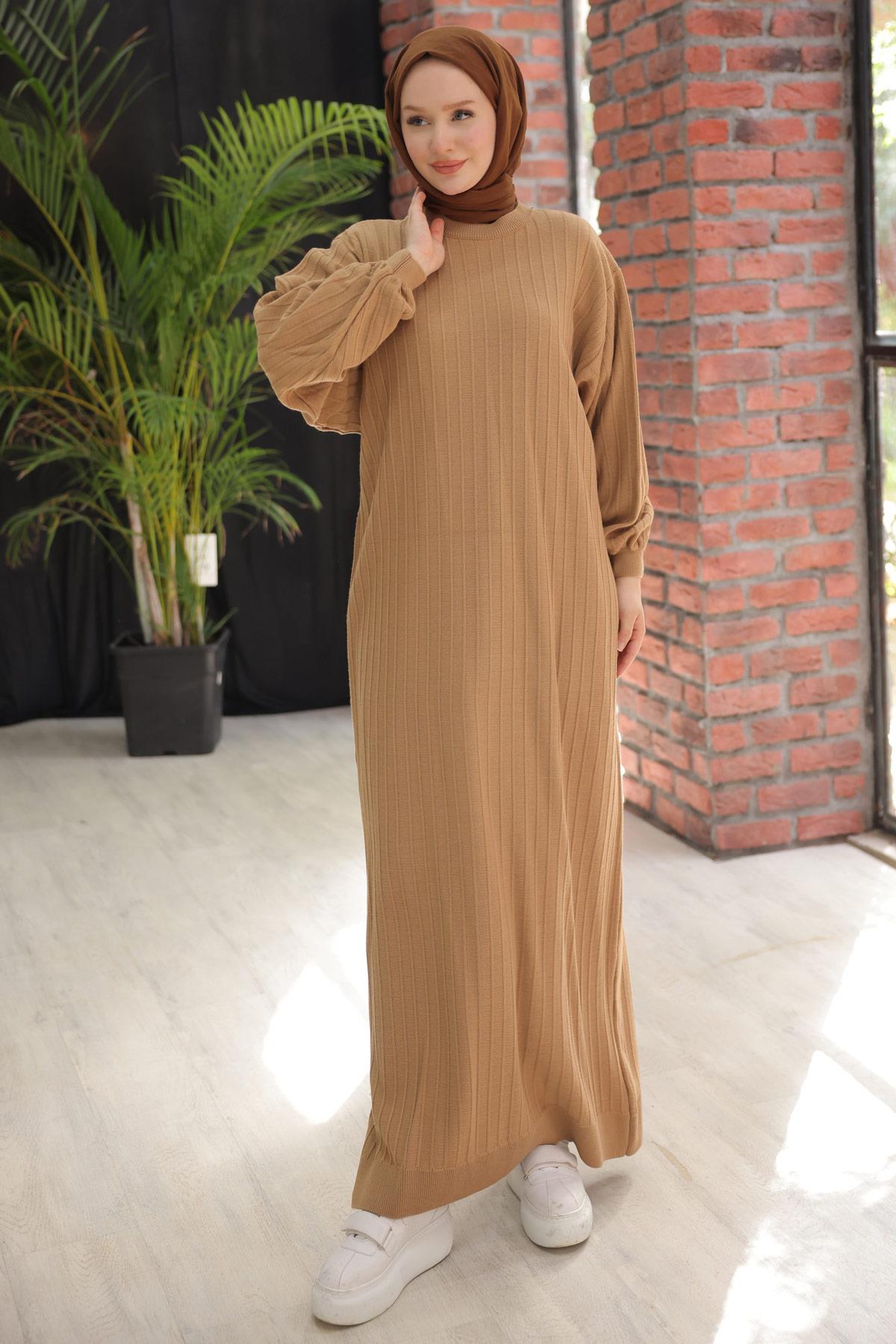 Bisiklet Yaka Balon Kol Triko Elbise Camel HM2518