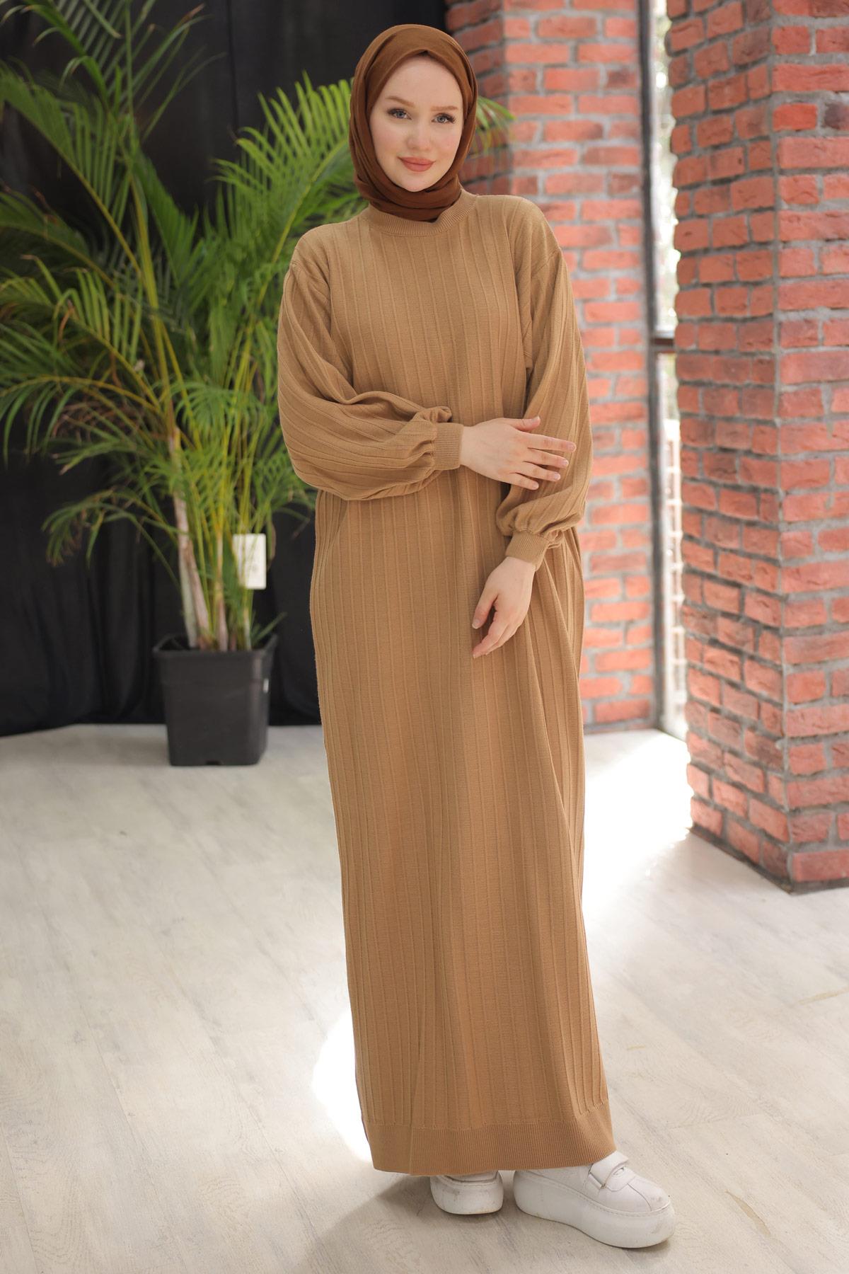 Bisiklet Yaka Balon Kol Triko Elbise Camel HM2518