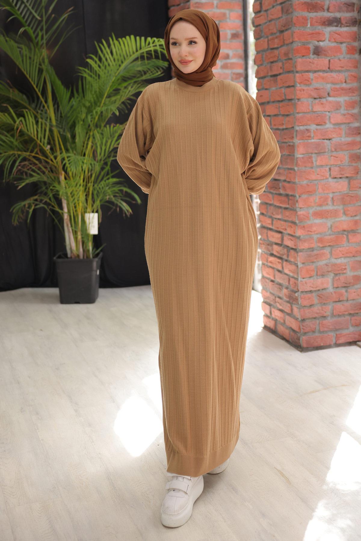 Bisiklet Yaka Balon Kol Triko Elbise Camel HM2518