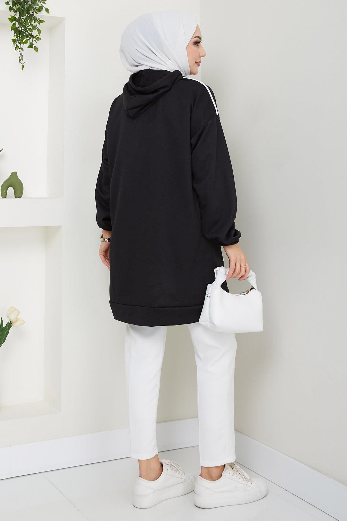 Biye Detaylı Kapüşonlu Kanguru Cepli Sweatshirt Tunik Siyah HM2645