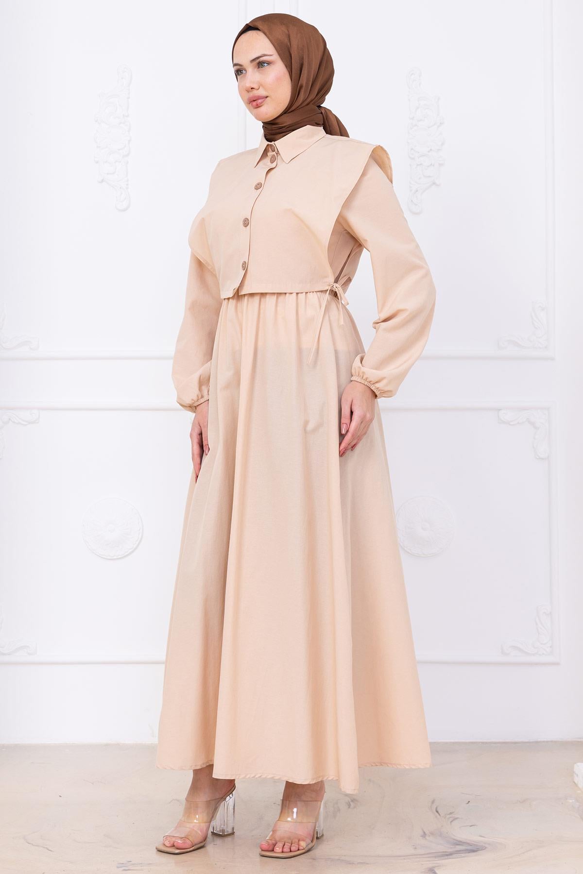 Bolerolu Beli Lastikli Elbise Bej HM2756