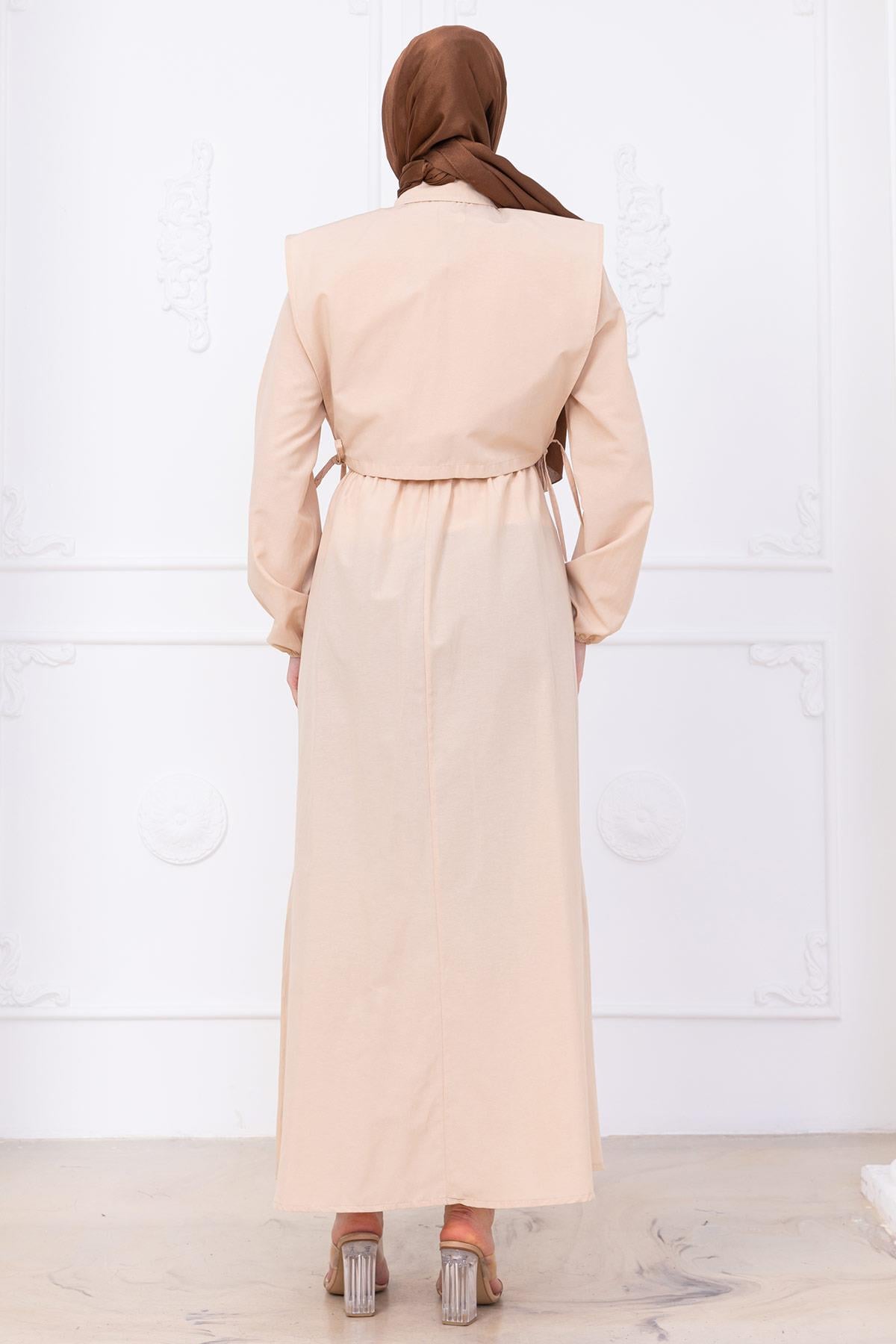 Bolerolu Beli Lastikli Elbise Bej HM2756