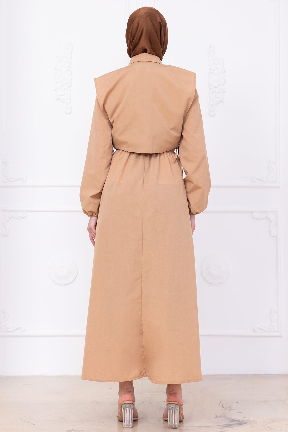 Bolerolu Beli Lastikli Elbise Camel HM2756