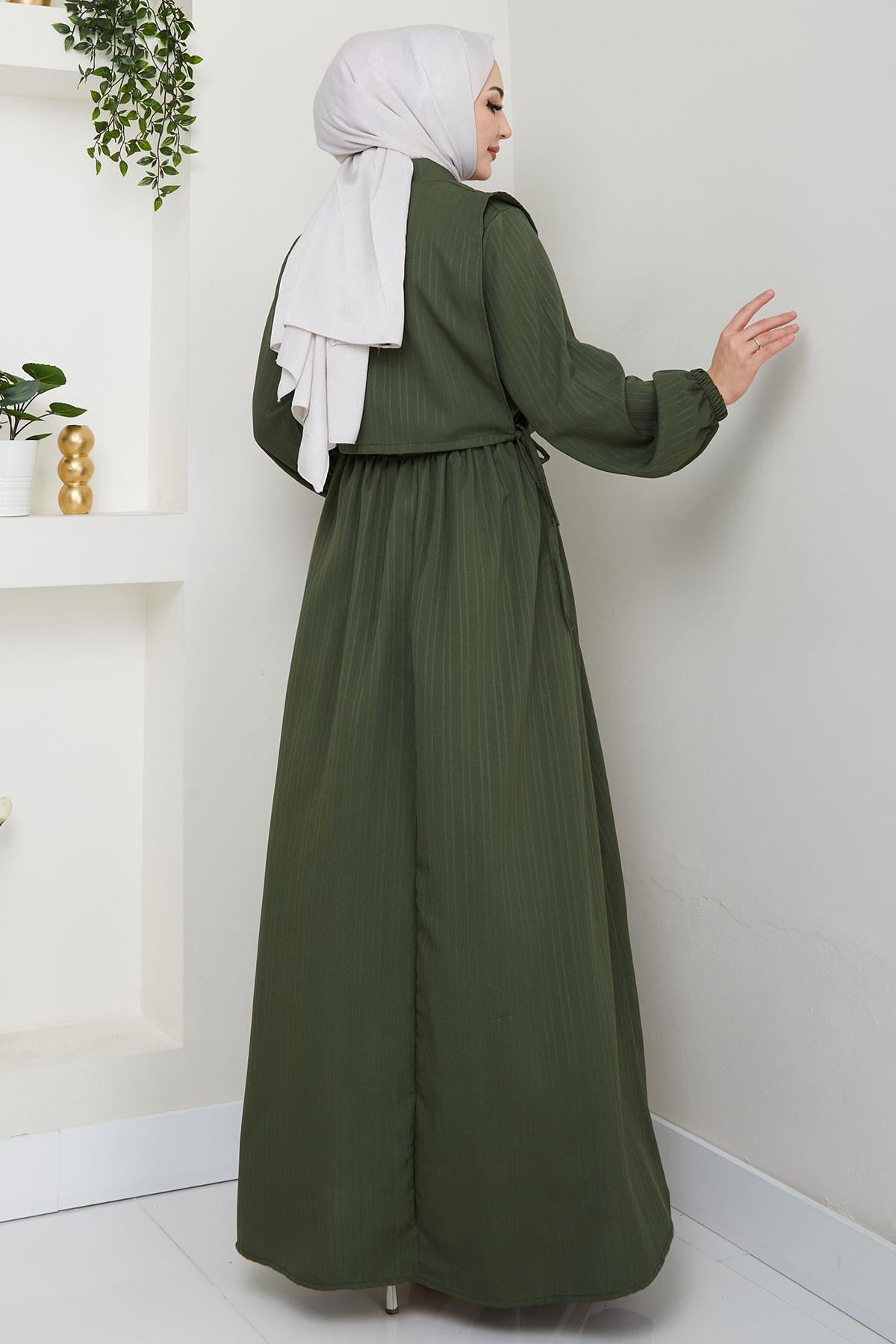 Bolerolu Beli Lastikli Elbise Haki HM2702