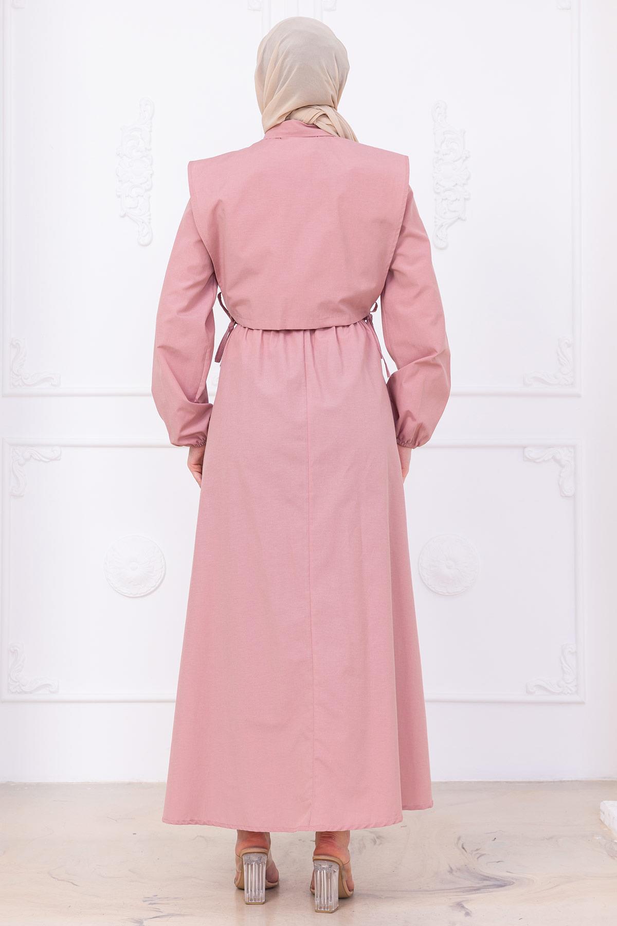 Bolerolu Beli Lastikli Elbise Pembe HM2756