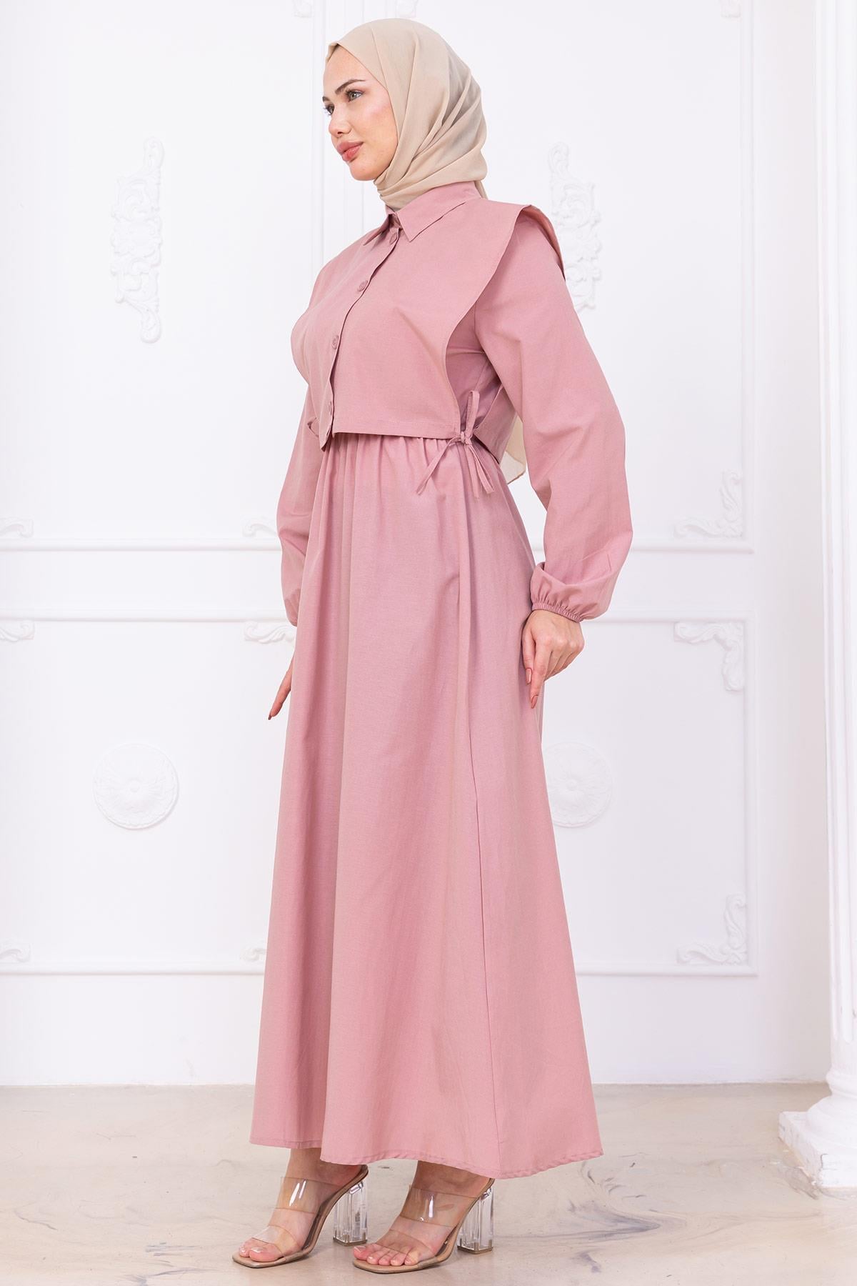Bolerolu Beli Lastikli Elbise Pembe HM2756