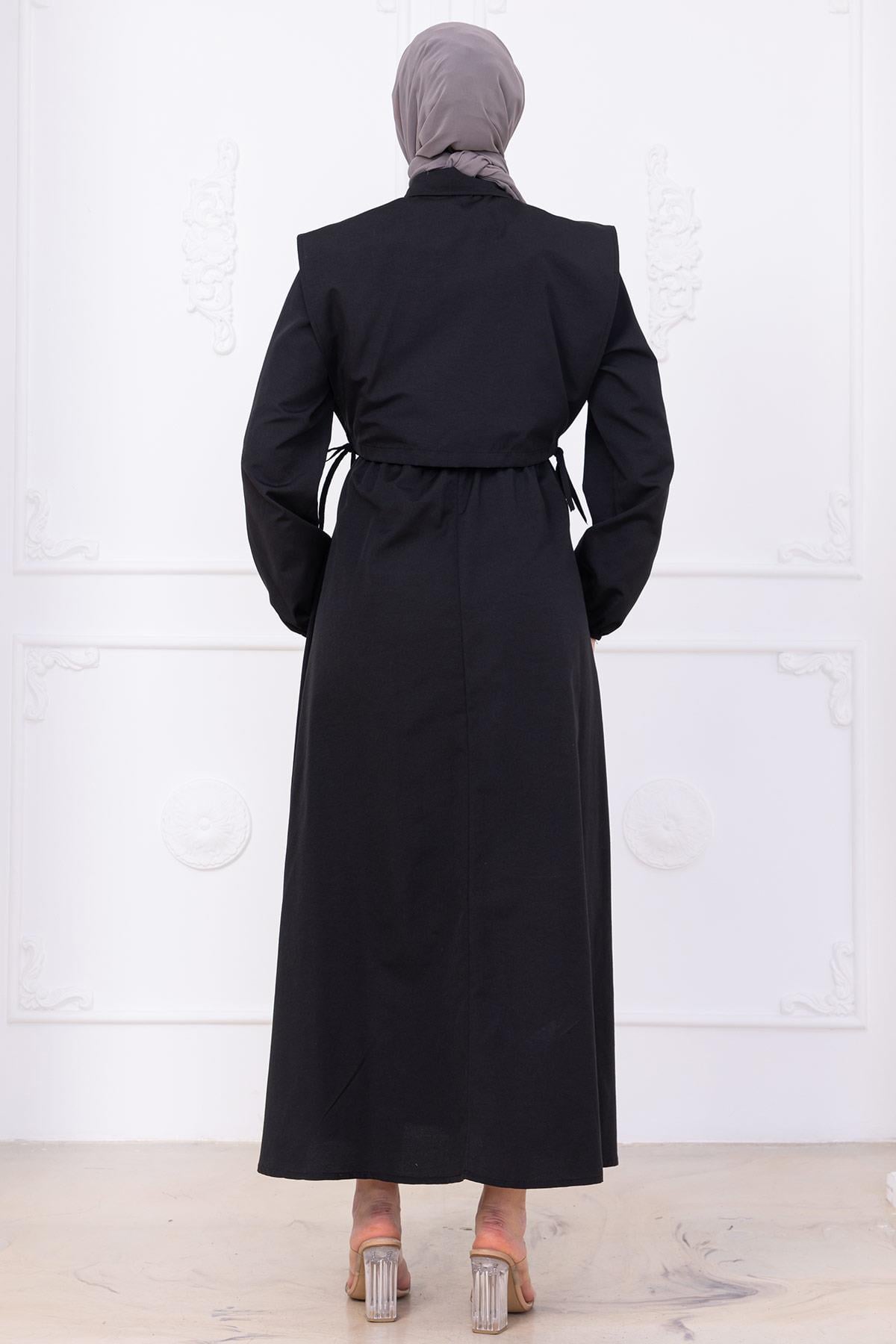 Bolerolu Beli Lastikli Elbise Siyah HM2756