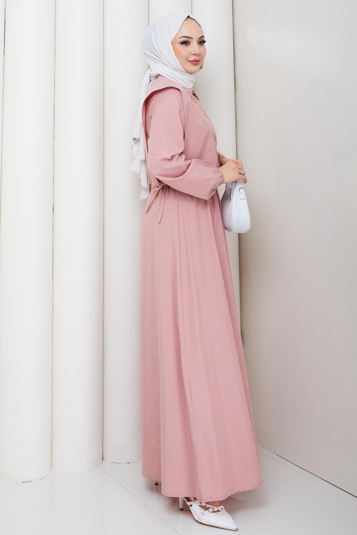 Bolerolu Beli Lastikli Tesettür Elbise Pembe HM262756
