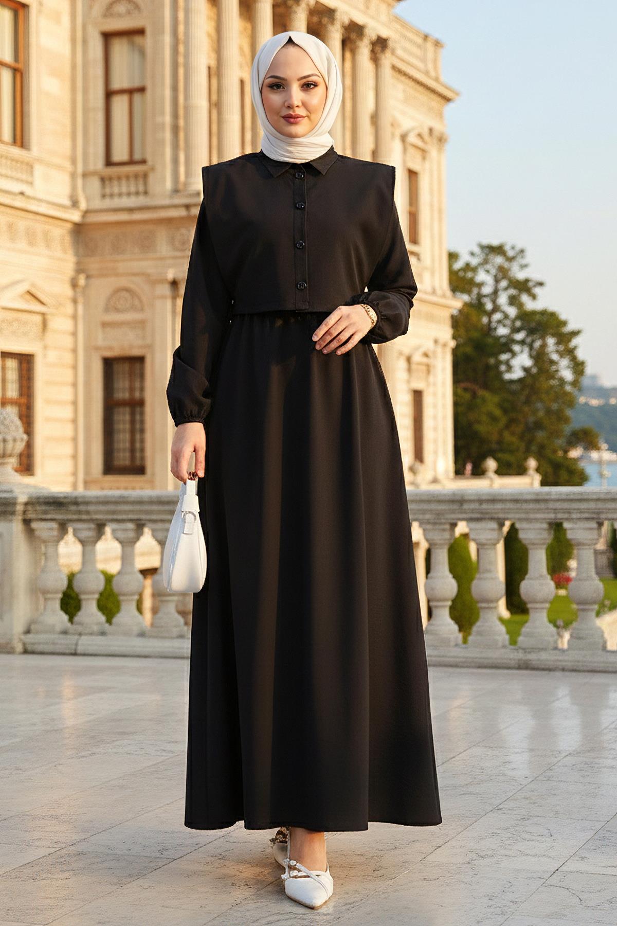 Bolerolu Beli Lastikli Tesettür Elbise Siyah HM262756