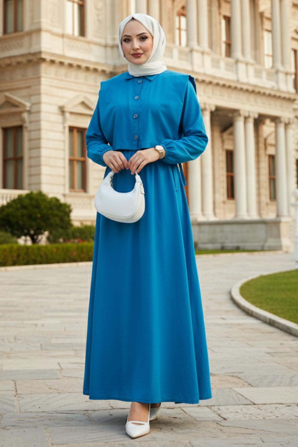 Bolerolu Beli Lastikli Tesettür Elbise Mavi HM262756