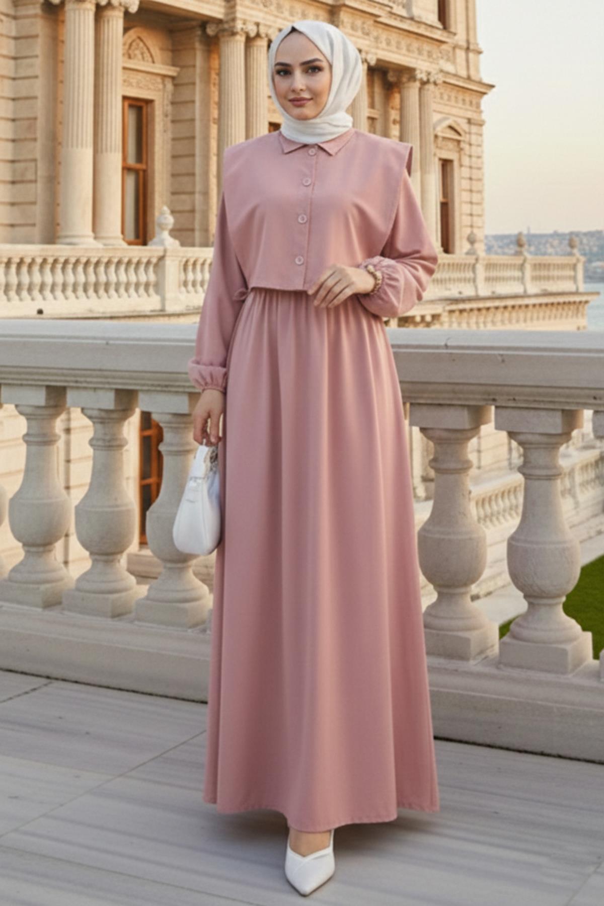 Bolerolu Beli Lastikli Tesettür Elbise Pembe HM262756