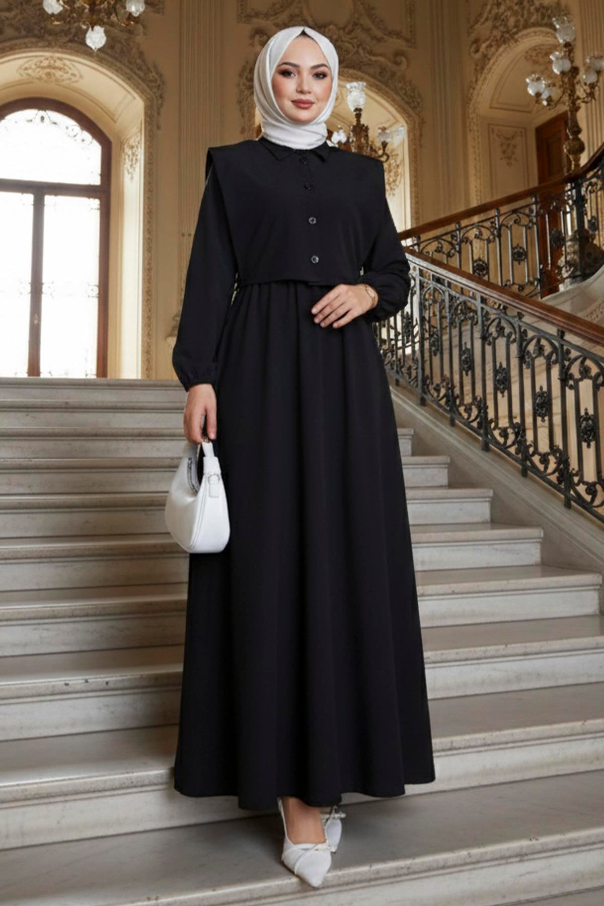 Bolerolu Beli Lastikli Tesettür Elbise Siyah HM262756