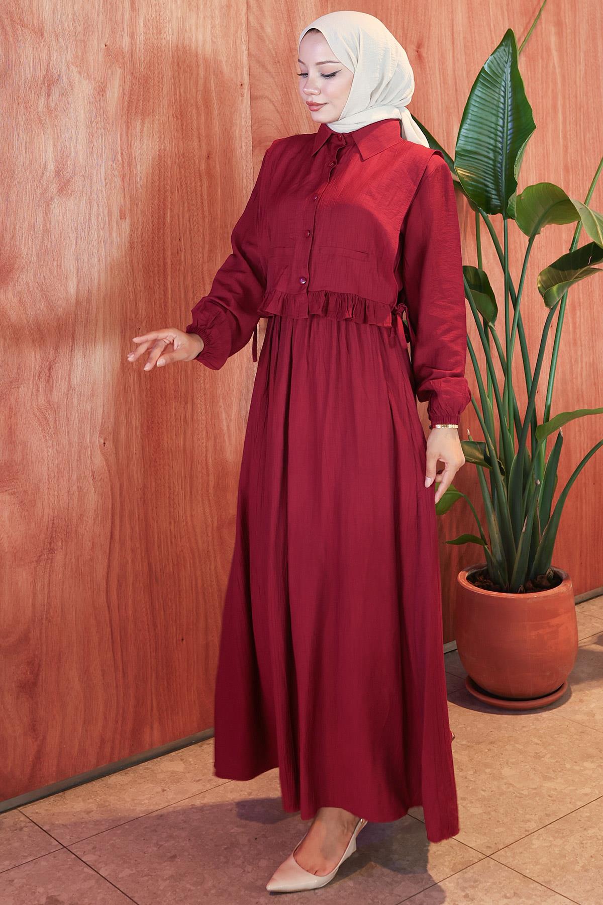 Bolerolu Fırfırlı Beli Lastikli Elbise Bordo HM2804