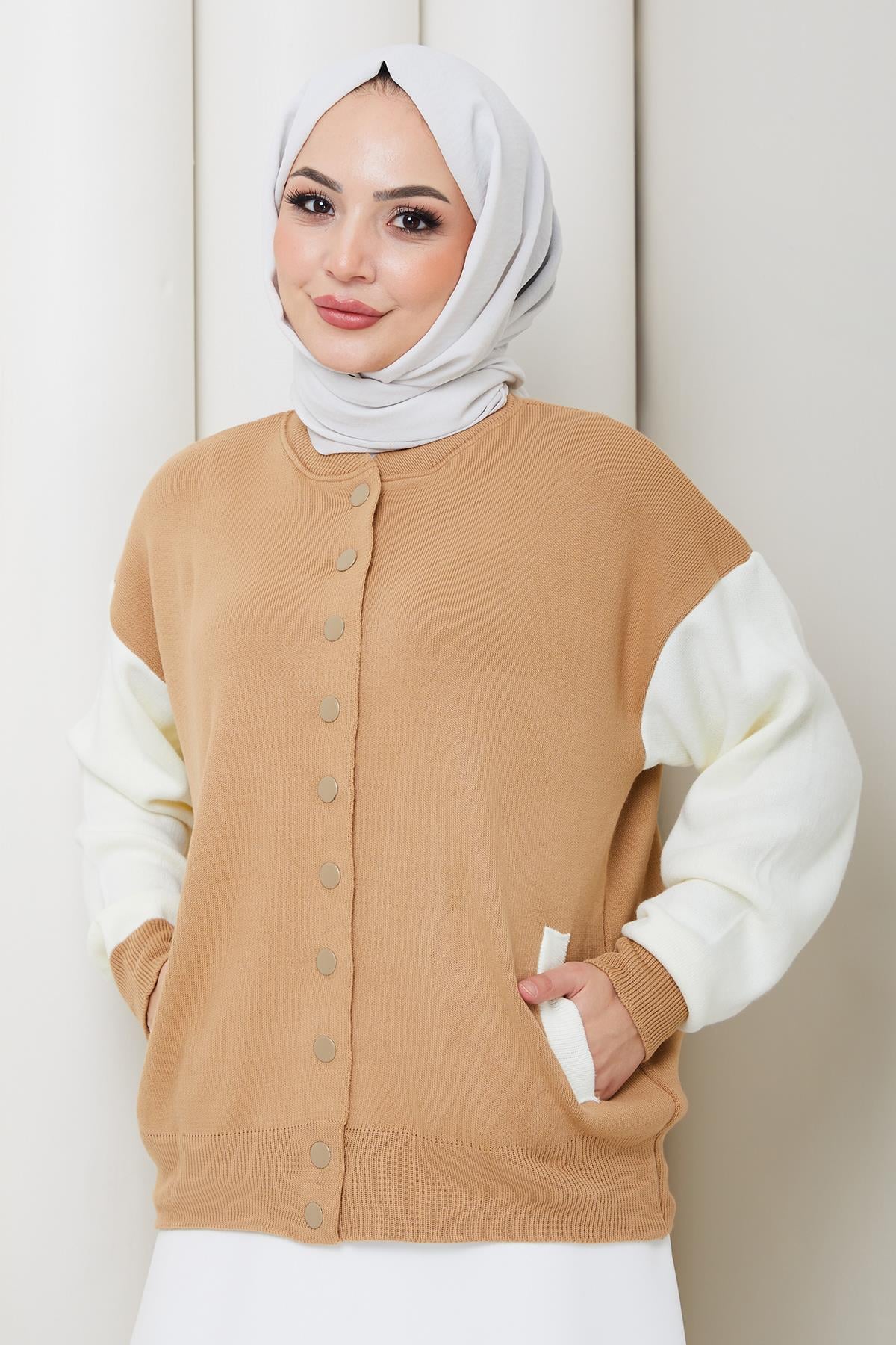 Bomber Yaka Triko Hırka Camel HM262615