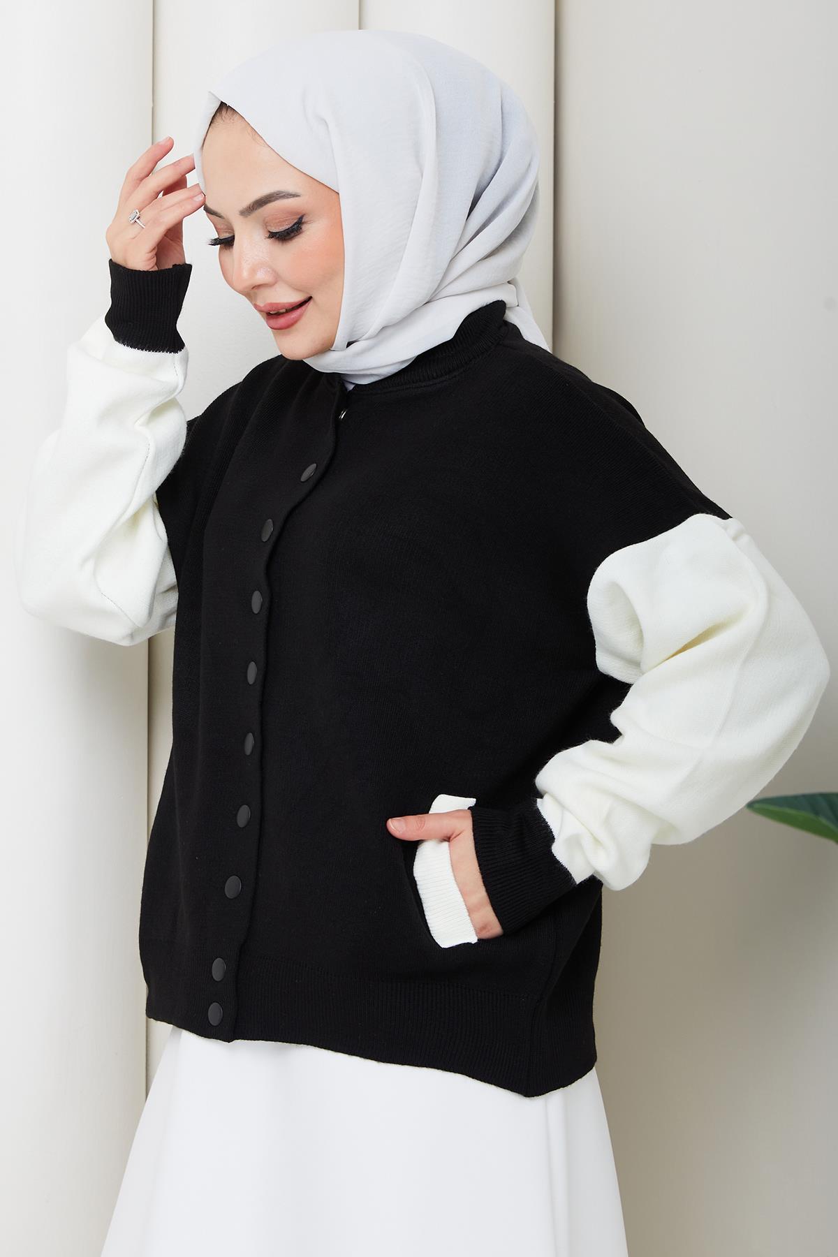 Bomber Yaka Triko Hırka Siyah HM262615
