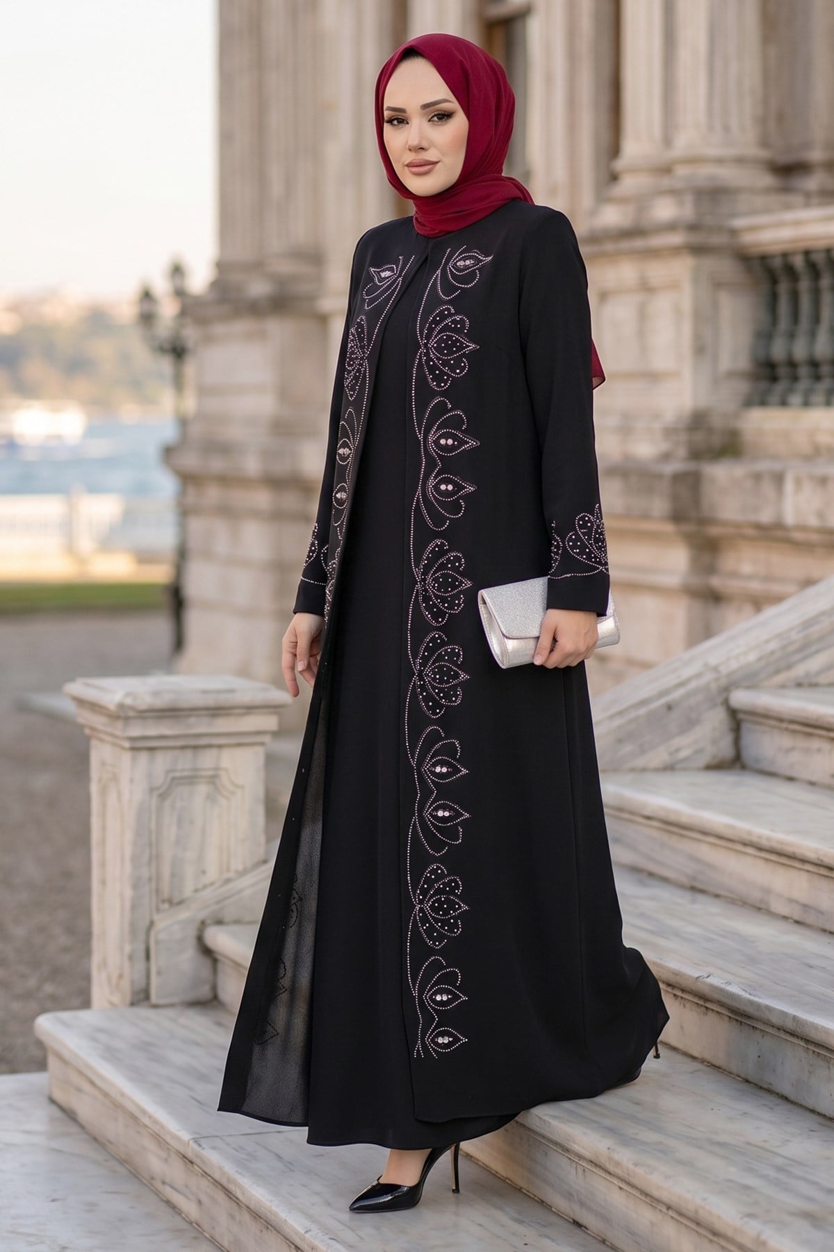 Boncuk Taşlı Büyük Beden Anne Elbisesi Siyah HM2952