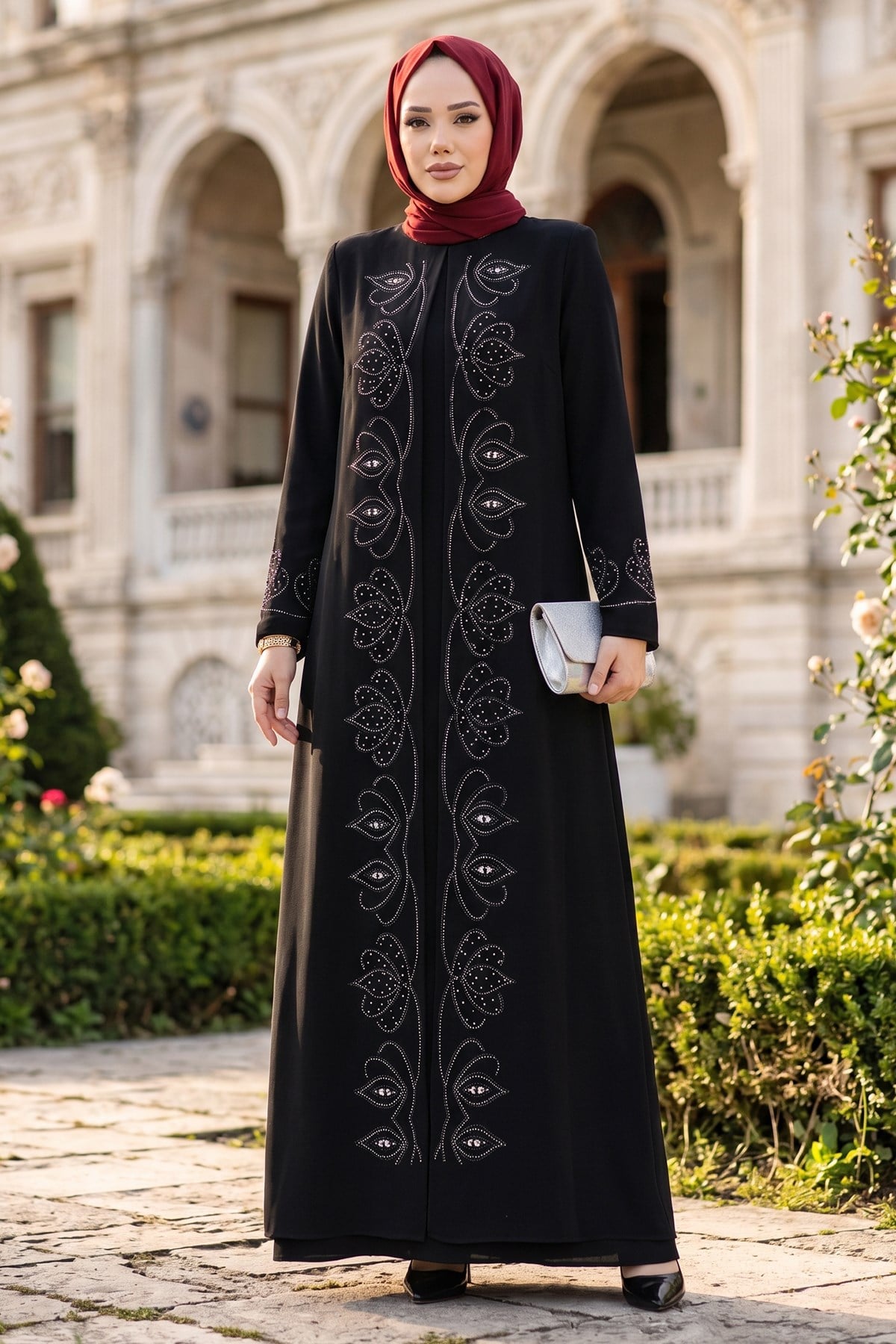 Boncuk Taşlı Büyük Beden Anne Elbisesi Siyah HM2952