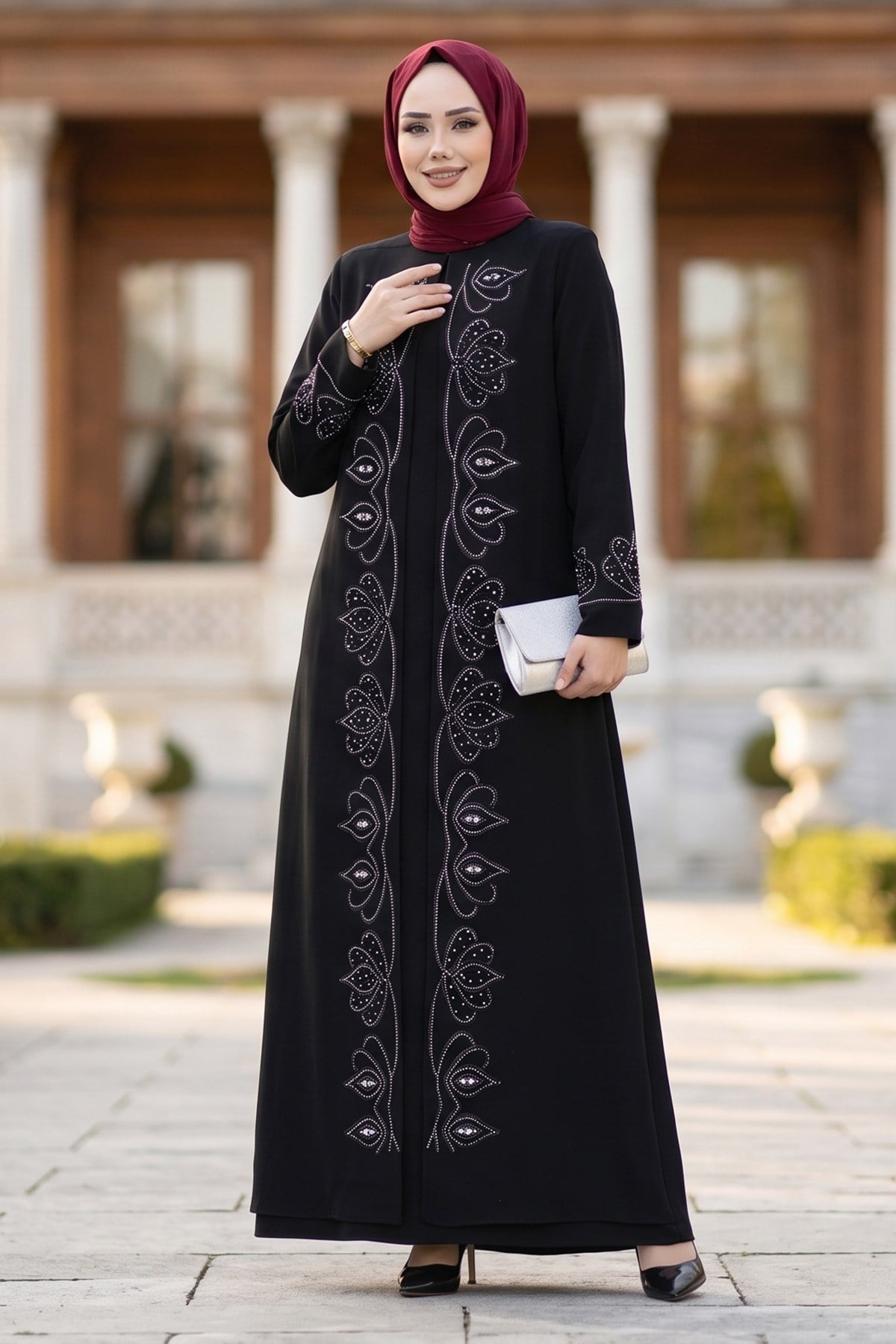 Boncuk Taşlı Büyük Beden Anne Elbisesi Siyah HM2952