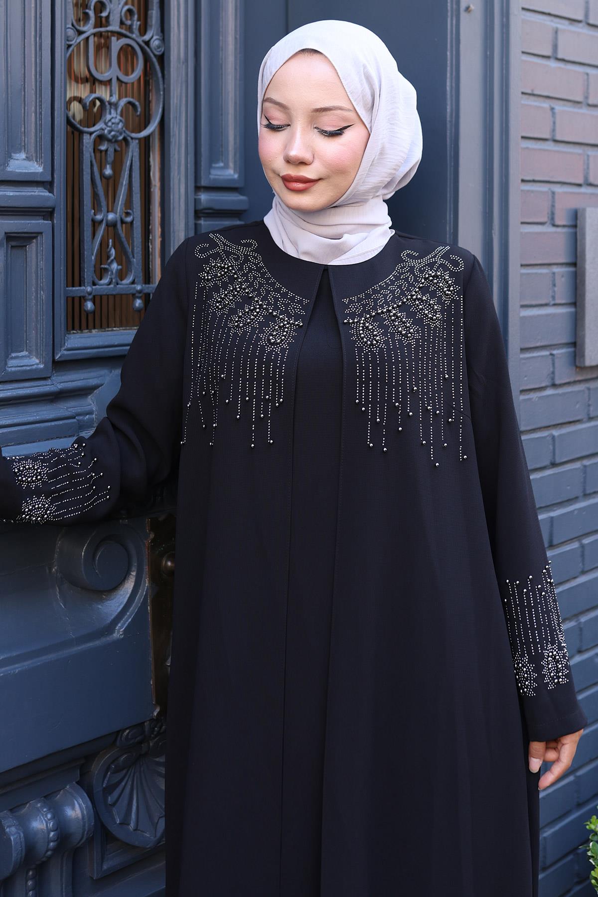Boncuk ve Taşlı Büyük Beden Anne Elbisesi Siyah HM2769