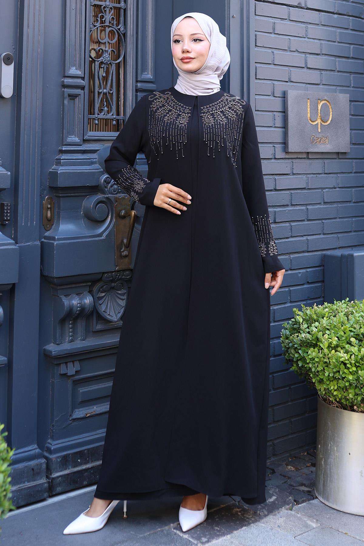 Boncuk ve Taşlı Büyük Beden Anne Elbisesi Siyah HM2769