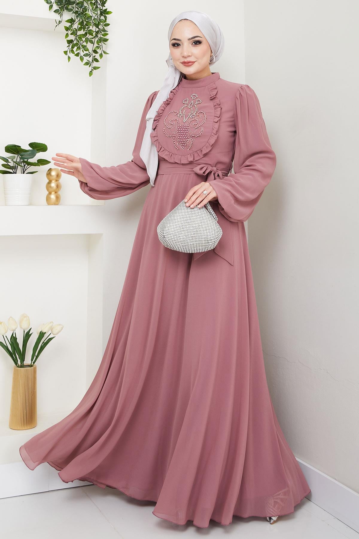 Boncuklu Şifon Abiye Elbise Gül Kurusu HM2667