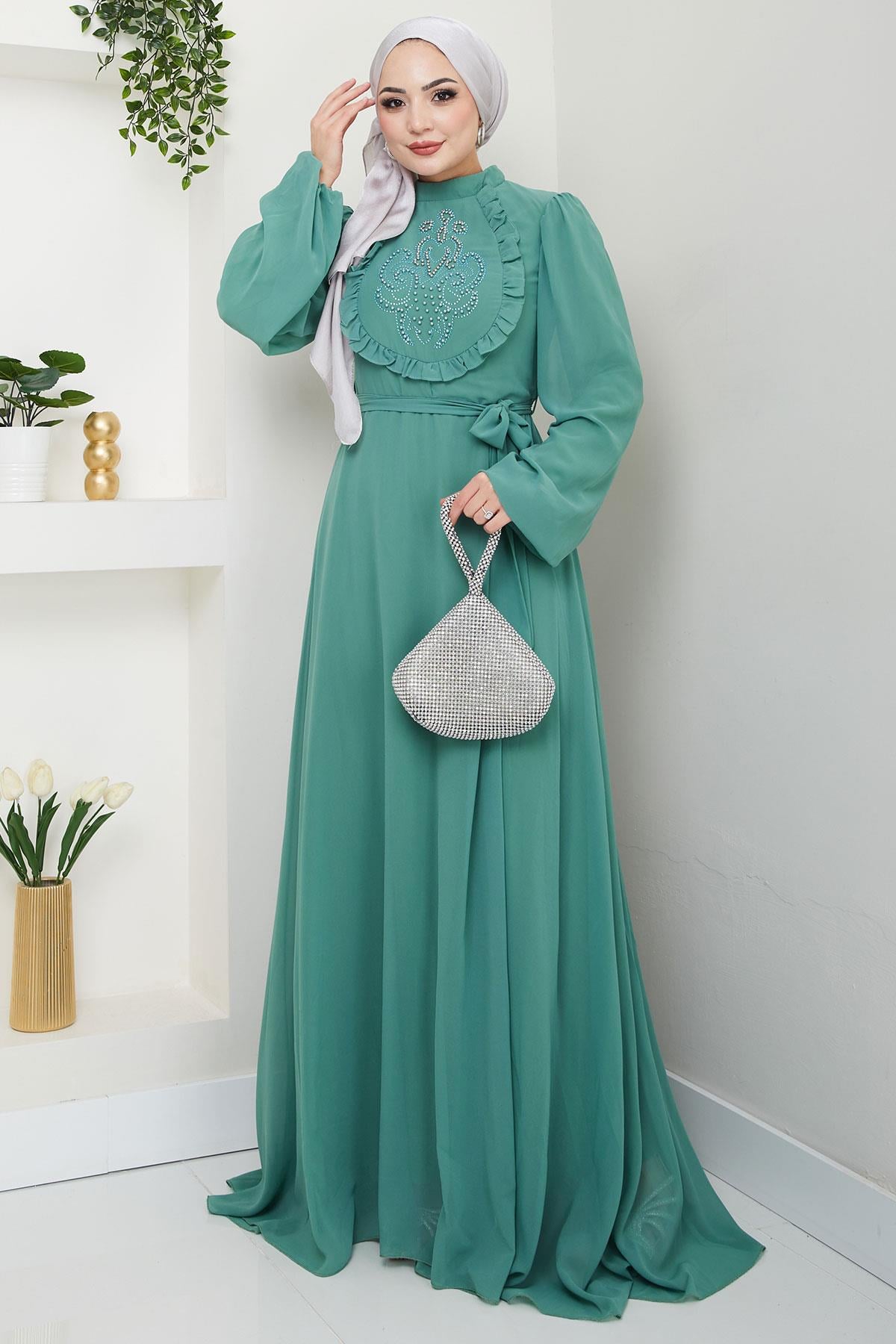 Boncuklu Şifon Abiye Elbise Mint HM2667