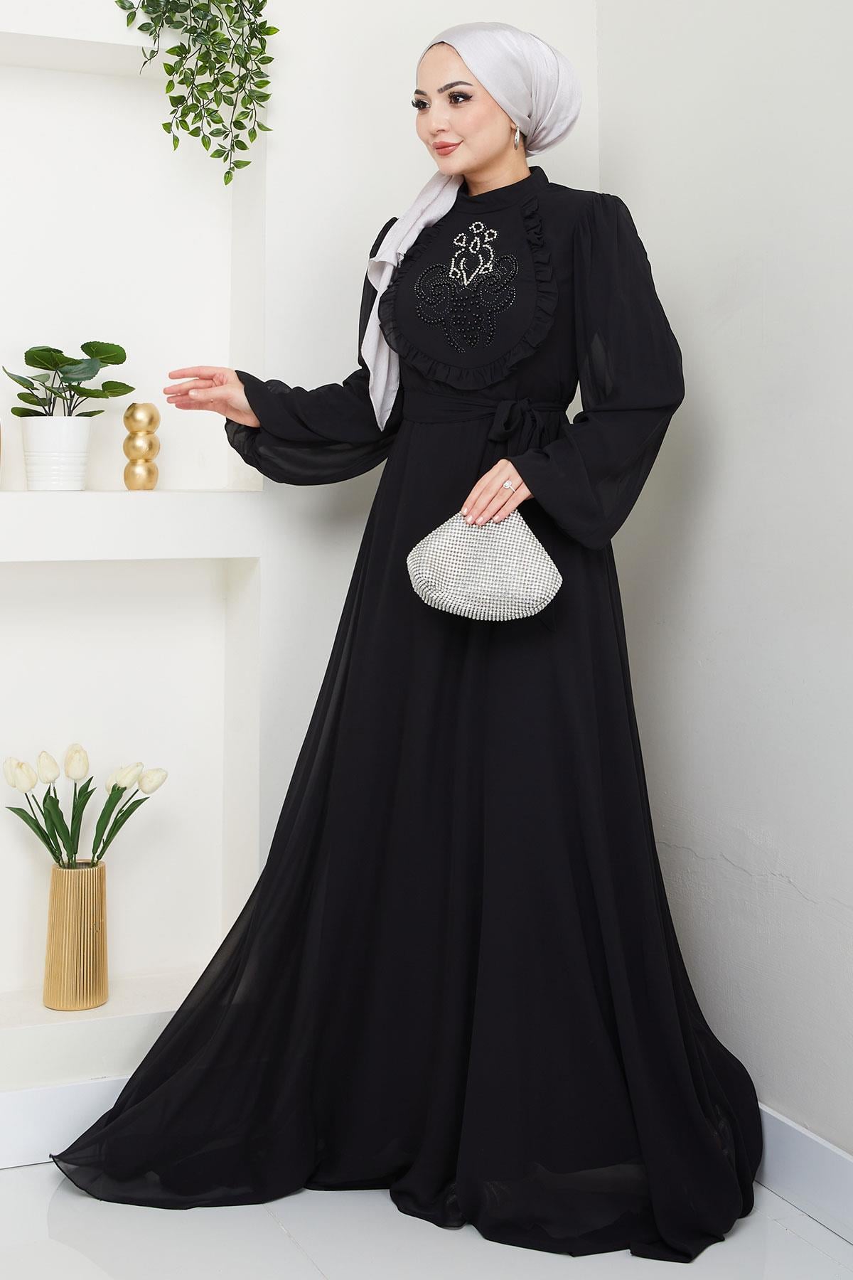 Boncuklu Şifon Abiye Elbise Siyah HM2667