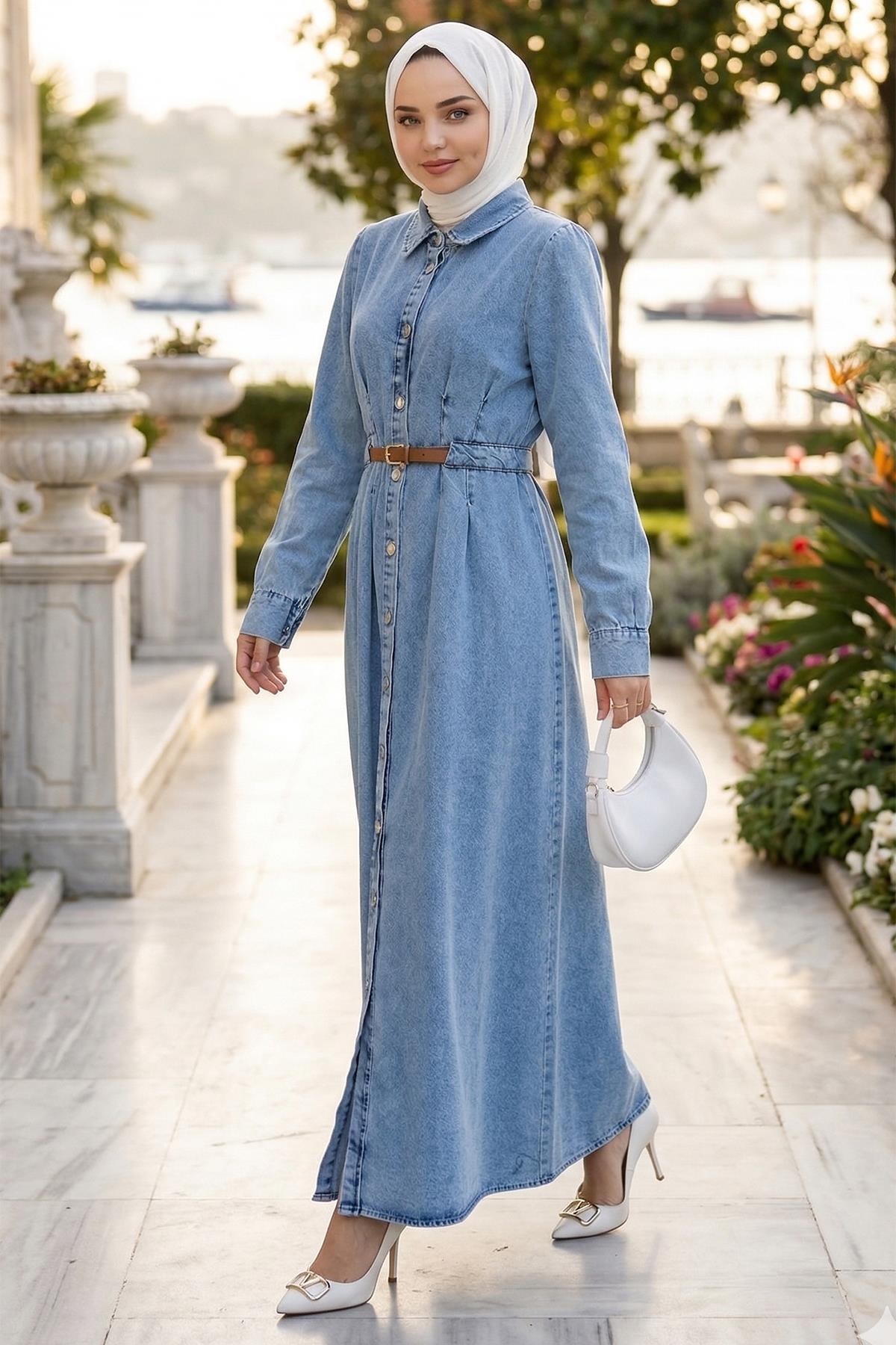 Boydan Düğmeli Kemerli Kot Elbise Açık Mavi HM2899