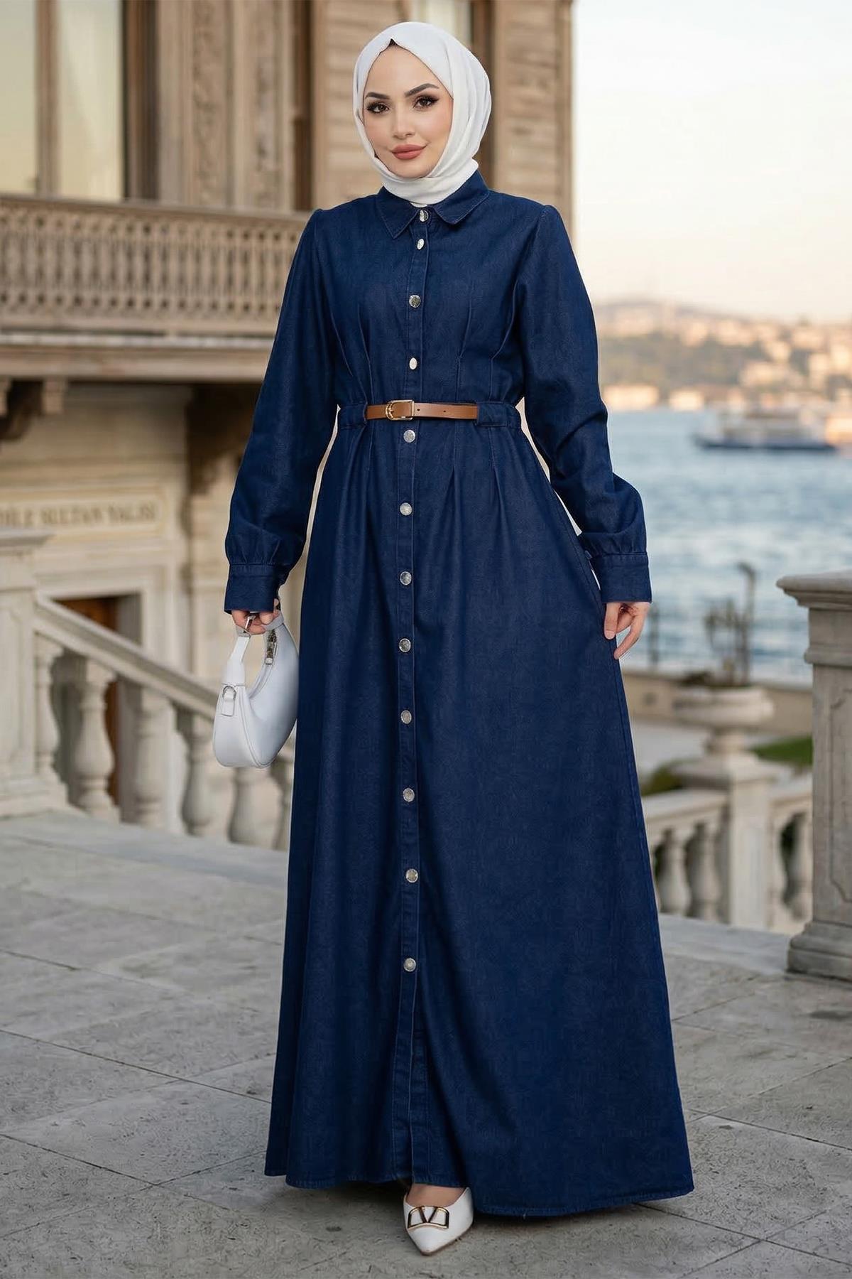 Boydan Düğmeli Kemerli Kot Elbise Koyu Mavi HM2899