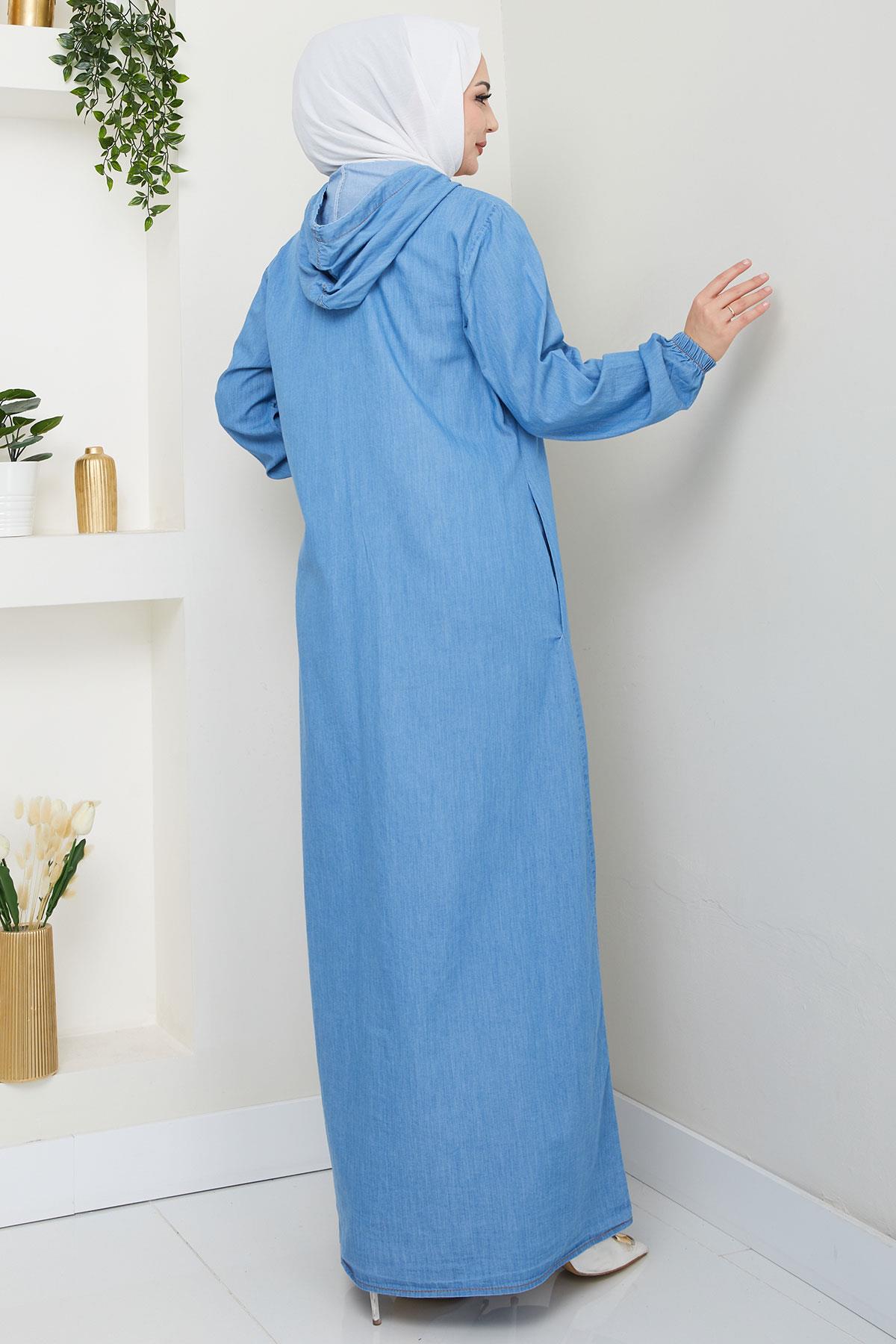 Boydan Düğmeli Kot Ferace Açık Mavi HM2715