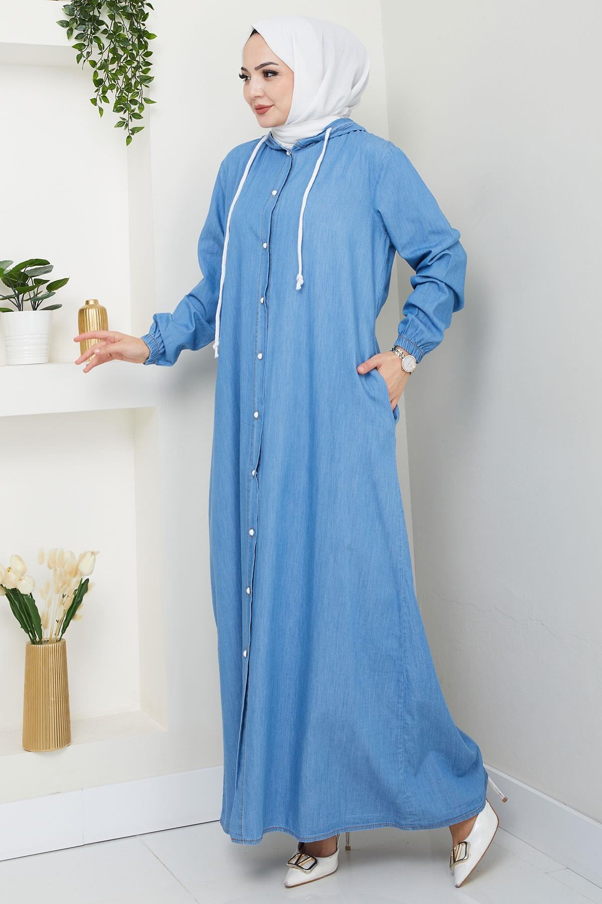 Boydan Düğmeli Kot Ferace Açık Mavi HM2715