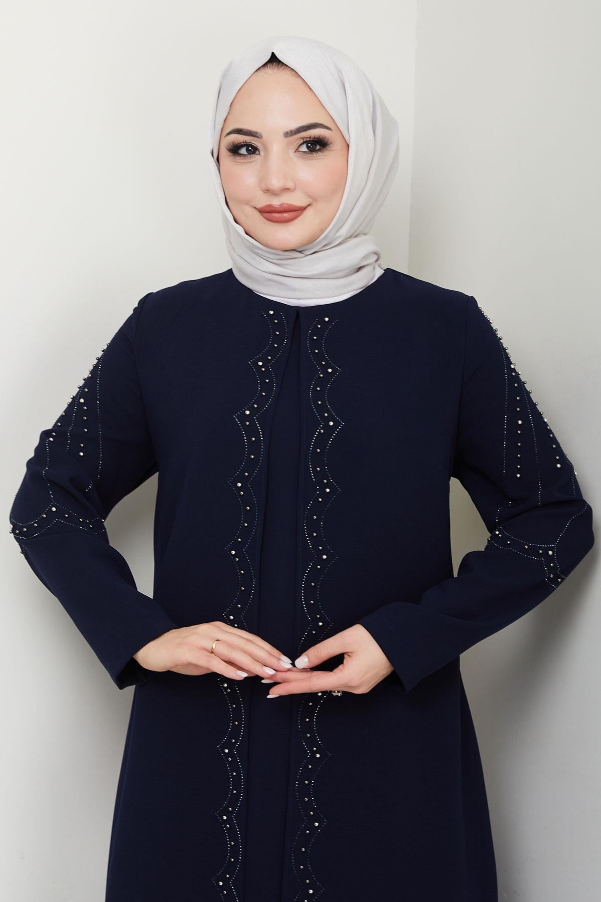 Büyük Beden Boncuklu Taşlı Anne Elbisesi Lacivert HM2693