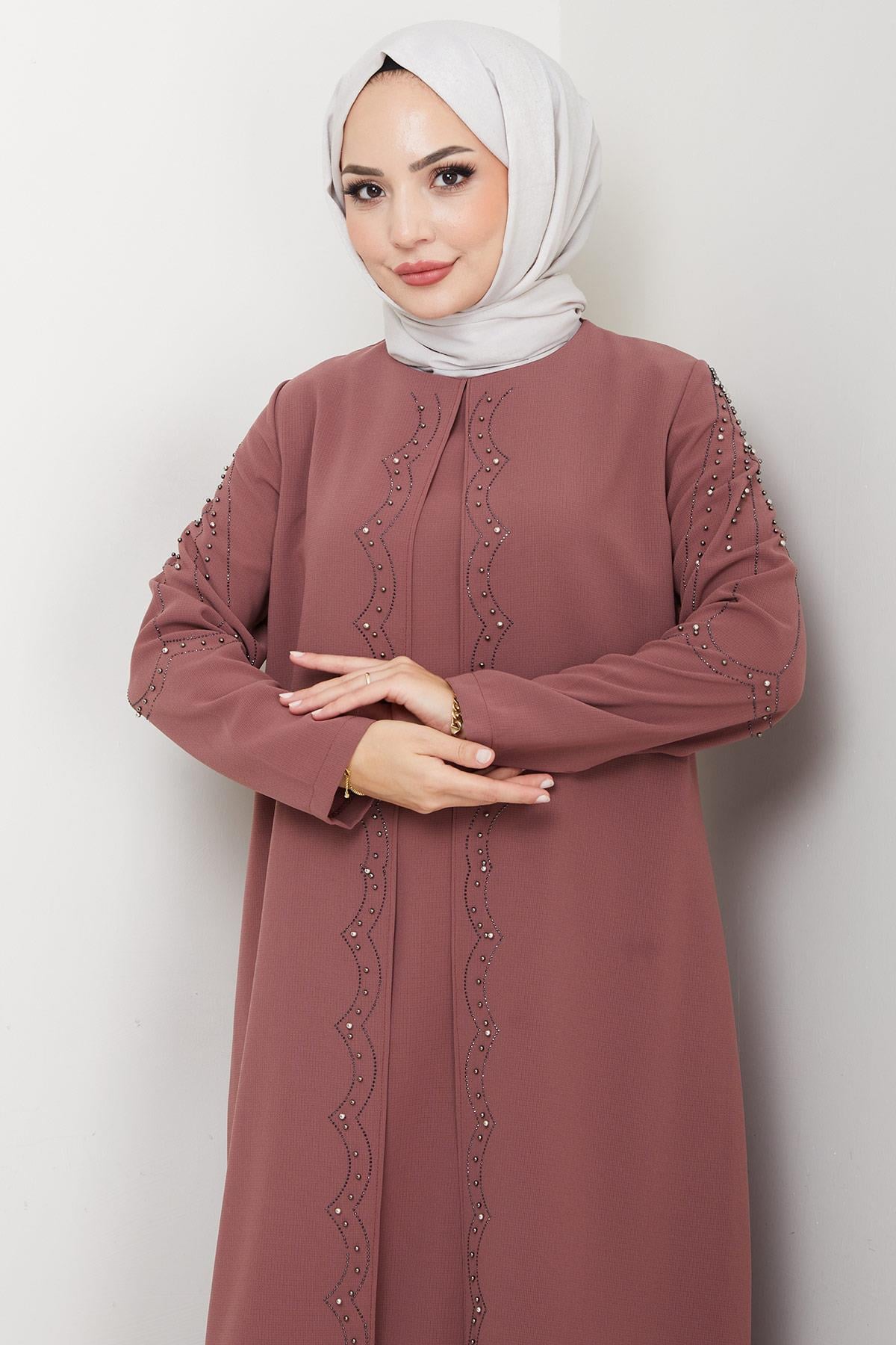 Büyük Beden Boncuklu Taşlı Anne Elbisesi Kiremit HM2693