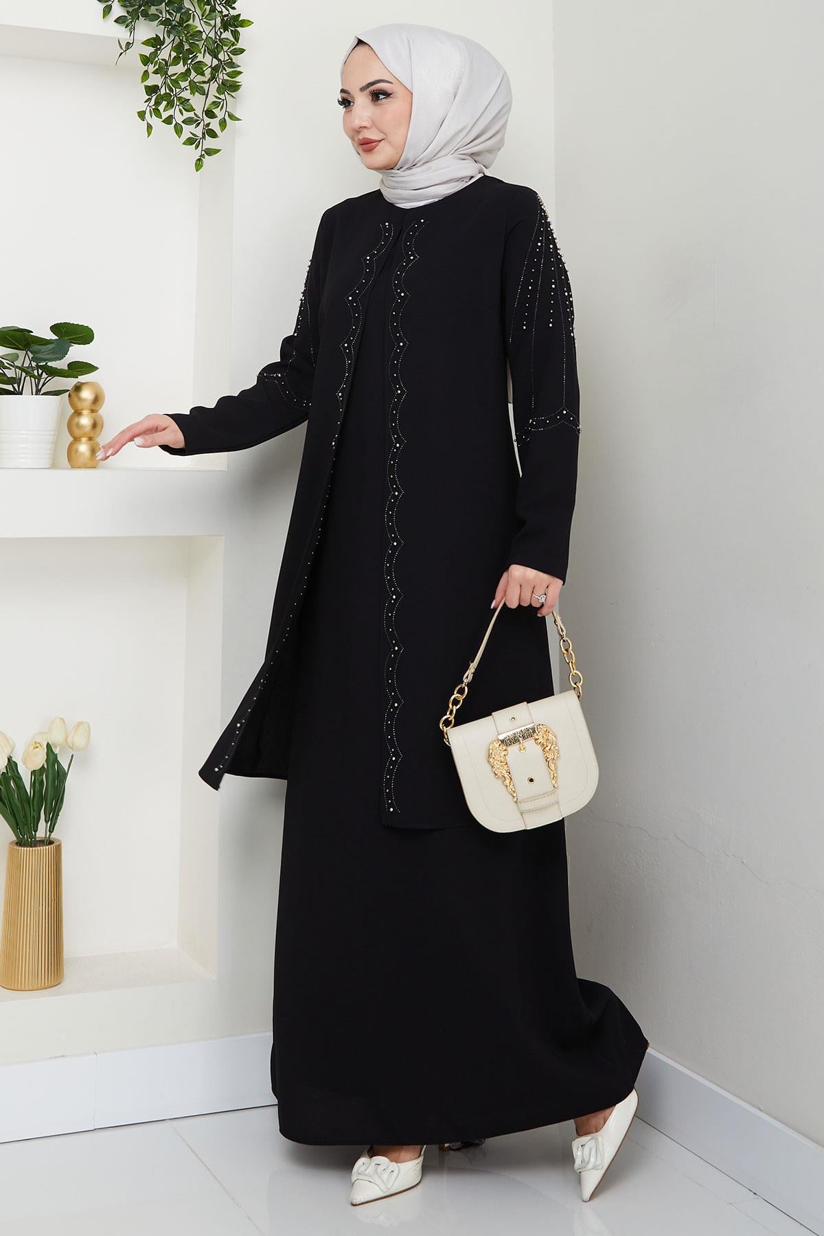 Büyük Beden Boncuklu Taşlı Anne Elbisesi Siyah HM2693