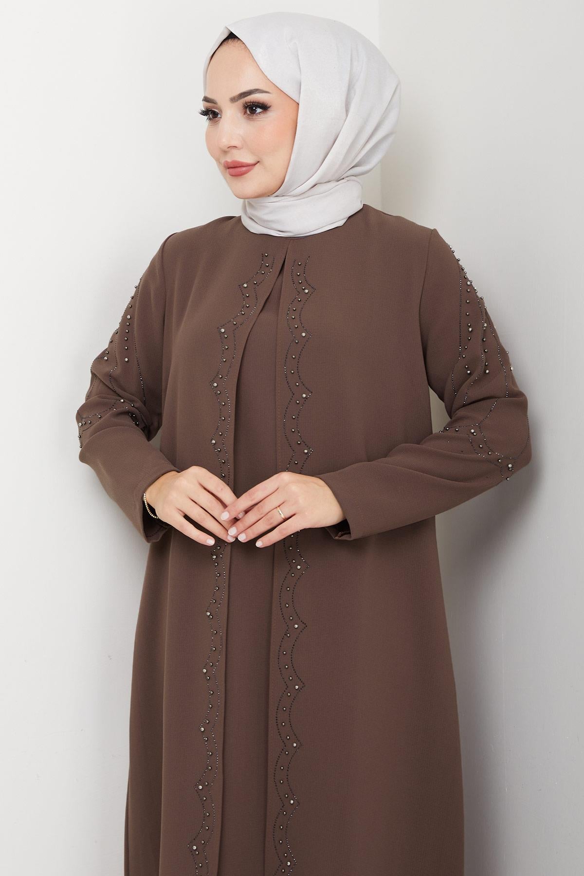 Büyük Beden Boncuklu Taşlı Anne Elbisesi Kahverengi HM2693