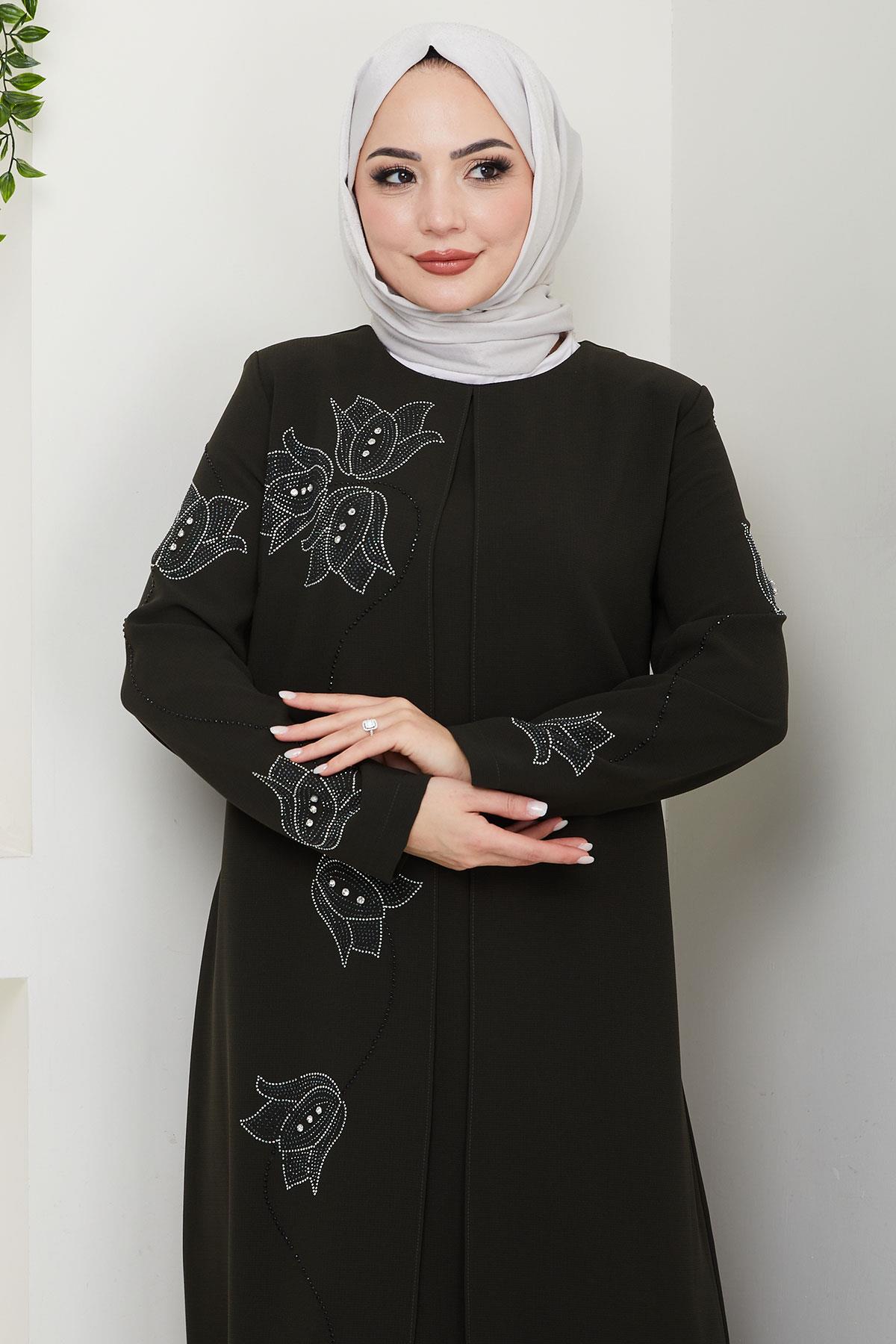 Büyük Beden Lale Taşlı Anne Elbisesi Haki HM2692