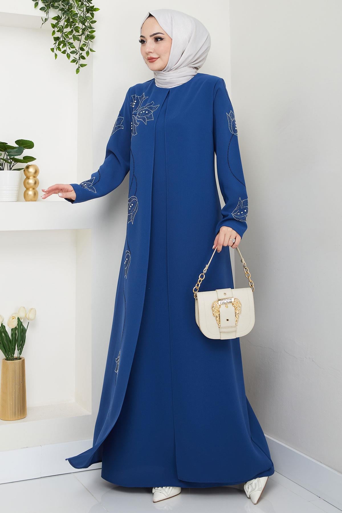 Büyük Beden Lale Taşlı Anne Elbisesi İndigo HM2692
